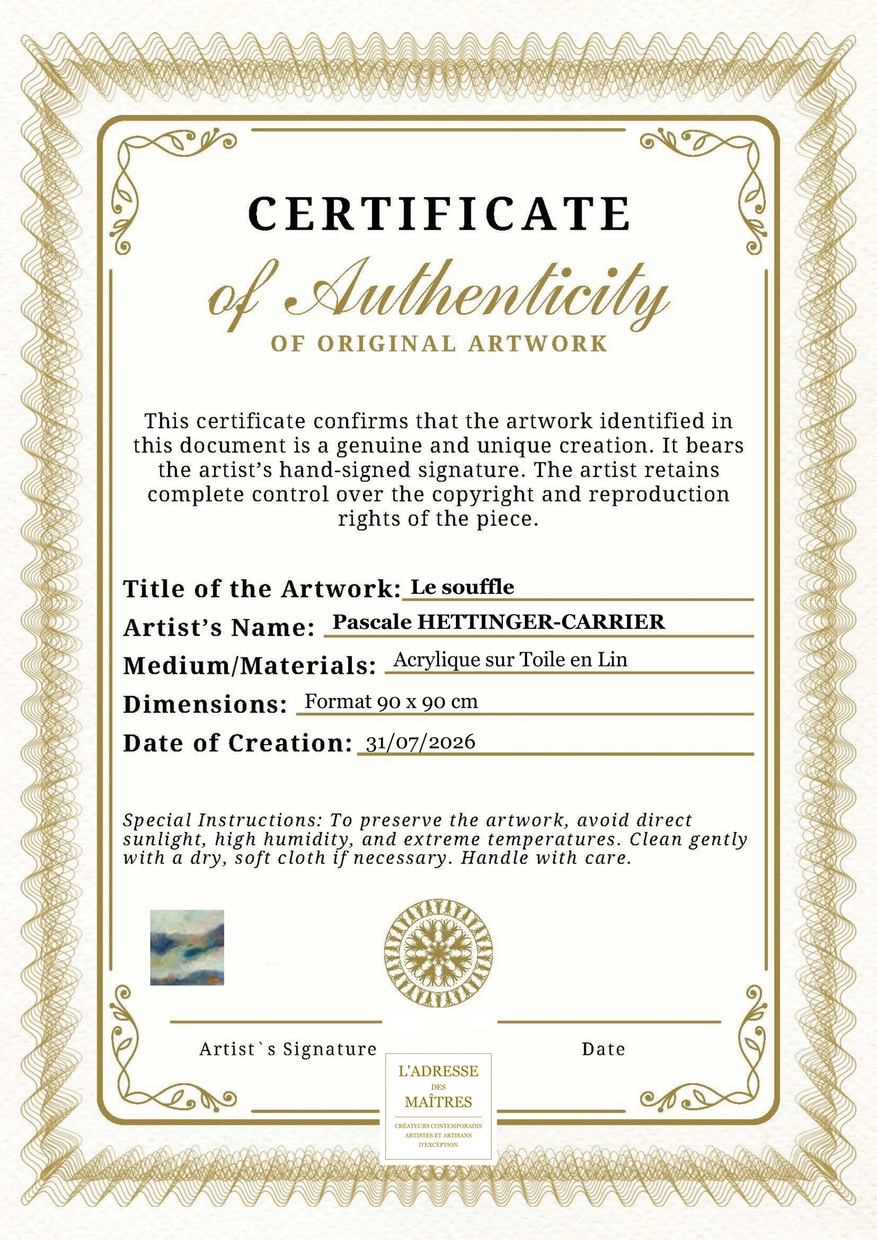 Certificat d'authenticité - Le souffle - Pascale HETTINGER-CARRIER