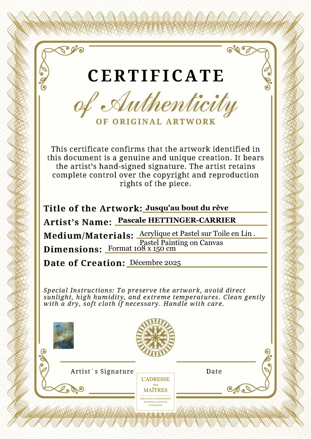 Certificat d'authenticité - Jusqu'au bout du rêve - Pascale HETTINGER-CARRIER