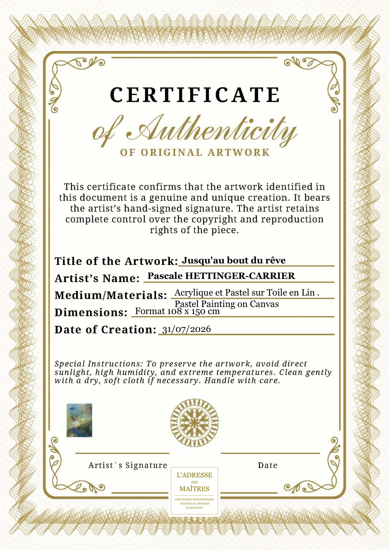 Certificat d'authenticité - Jusqu'au bout du rêve - Pascale HETTINGER-CARRIER