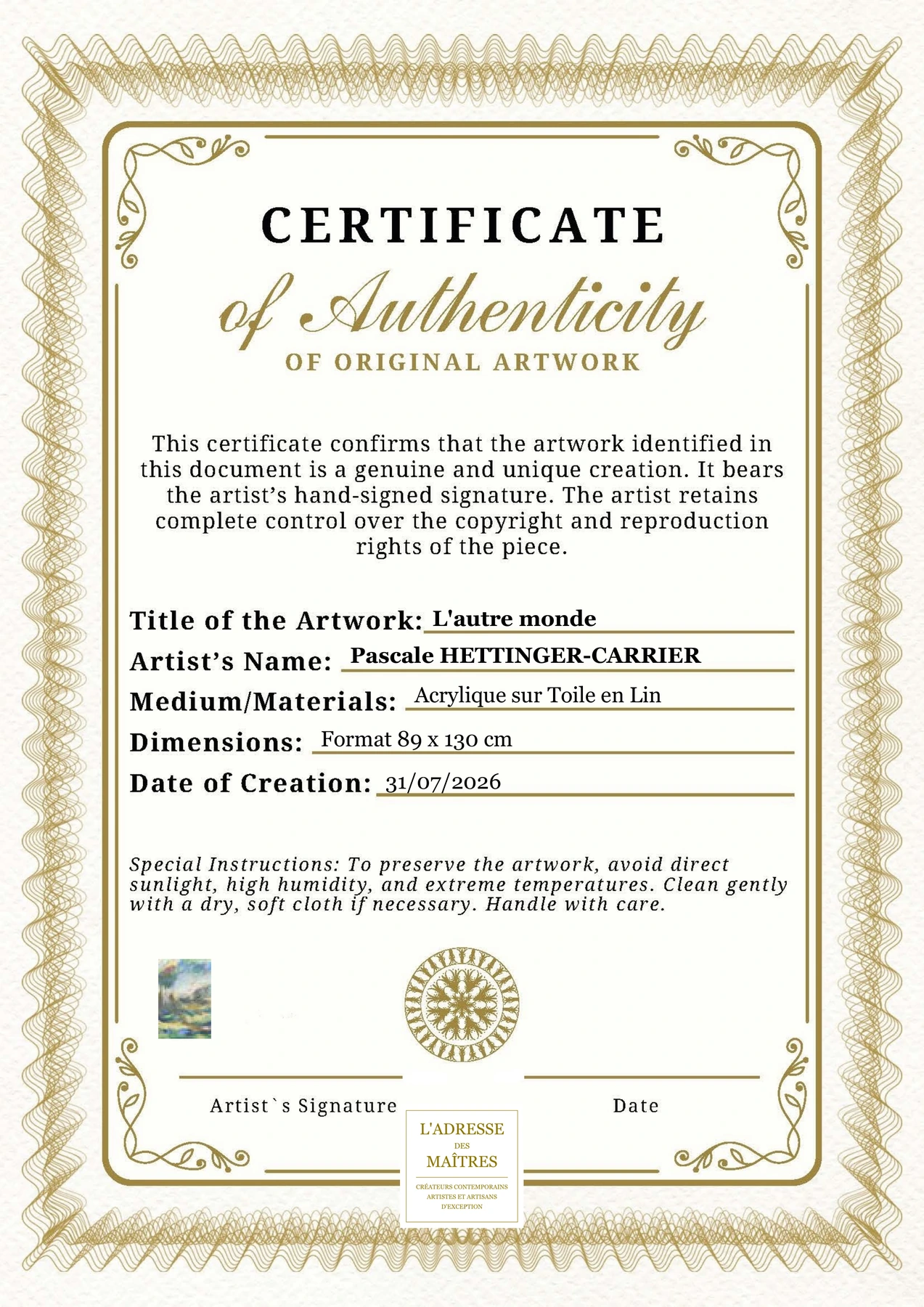 Certificat d'authenticité - L'autre monde - Pascale HETTINGER-CARRIER