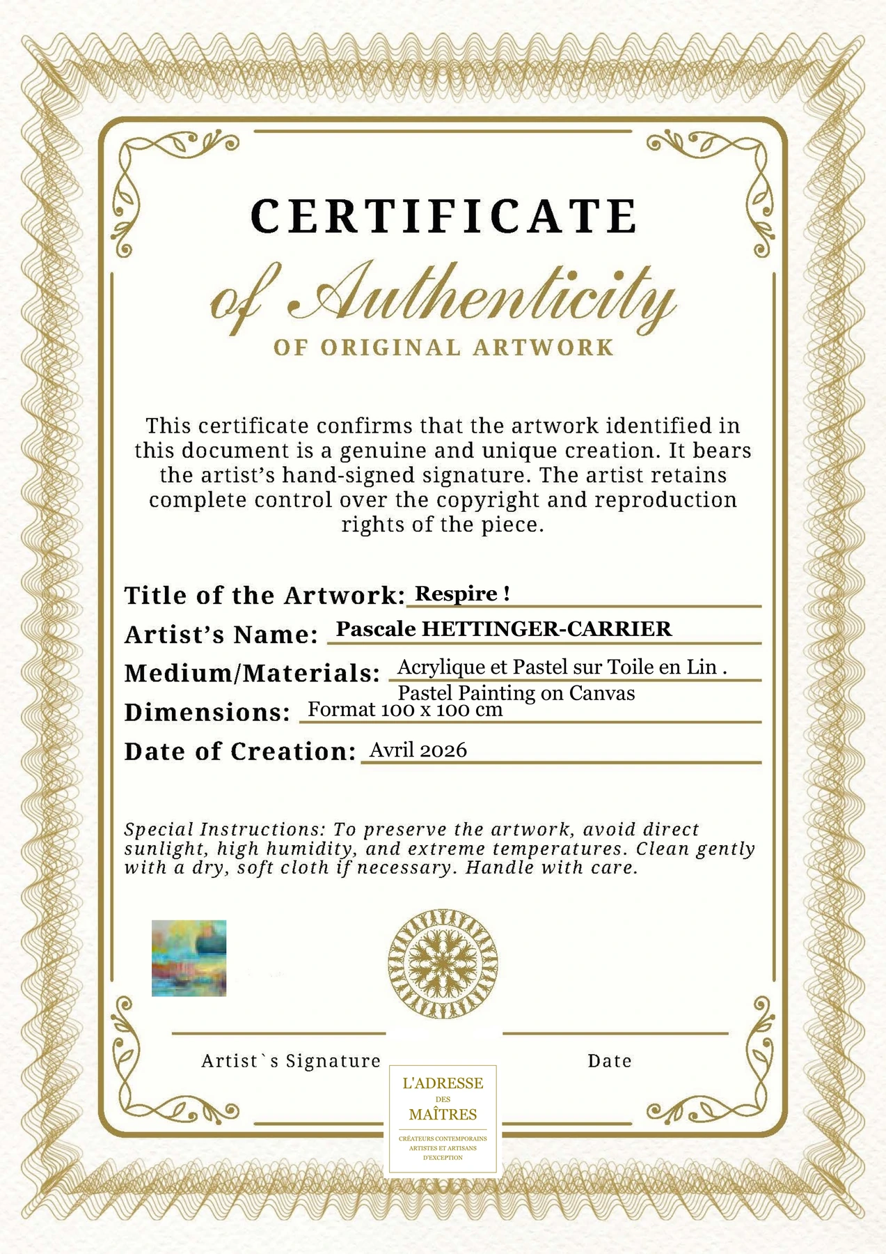 Certificat d'authenticité - Respire ! - Pascale HETTINGER-CARRIER