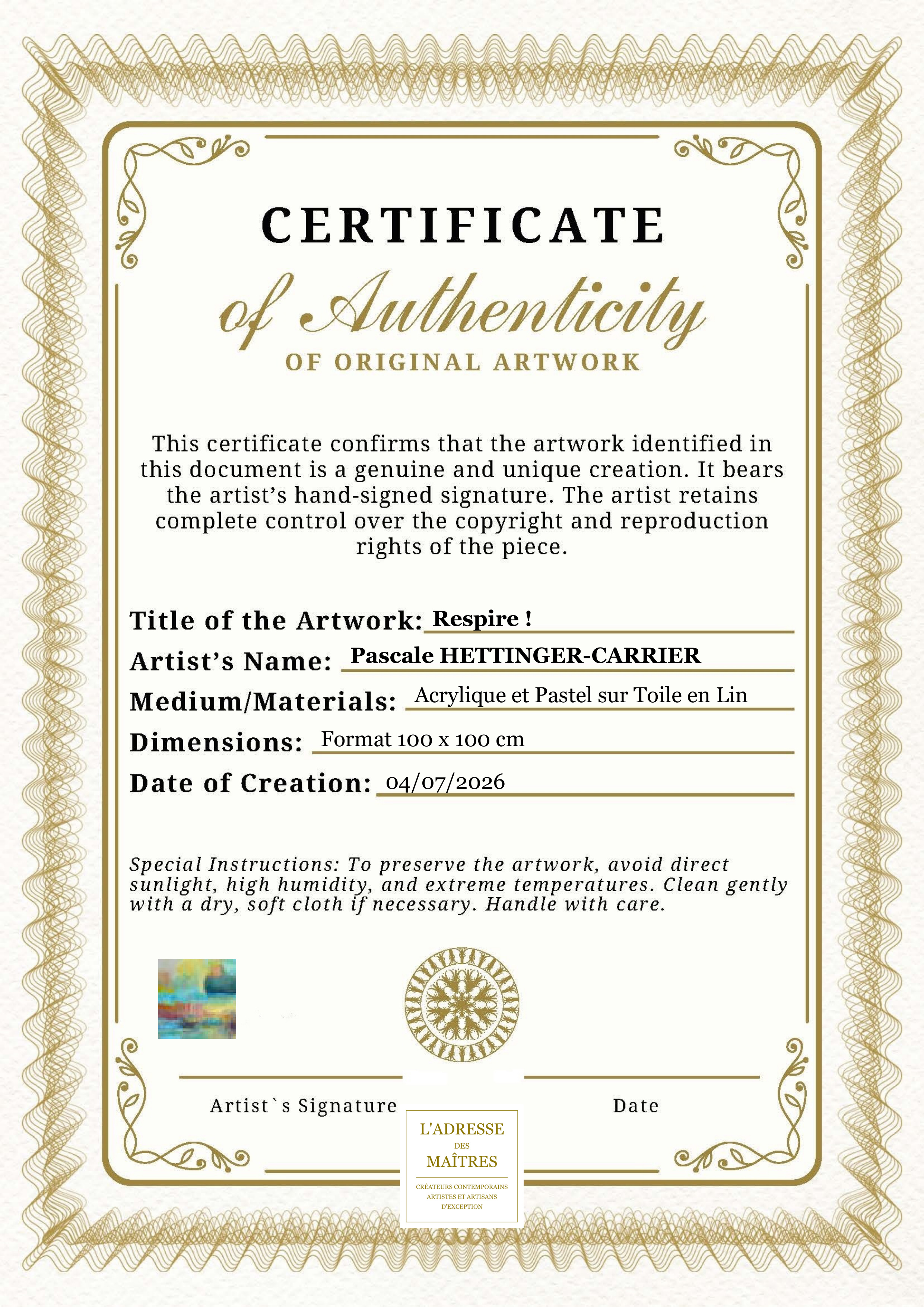Certificat d'authenticité — Respire ! — Pascale HETTINGER-CARRIER