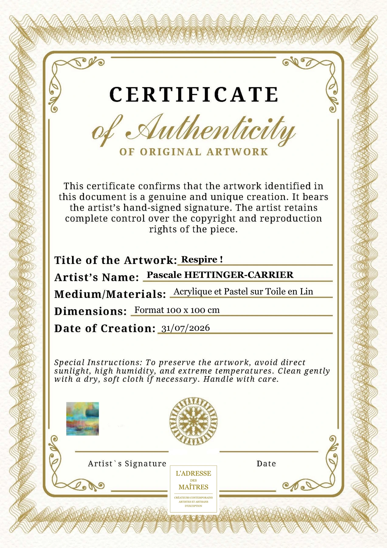 Certificat d'authenticité - Respire ! - Pascale HETTINGER-CARRIER