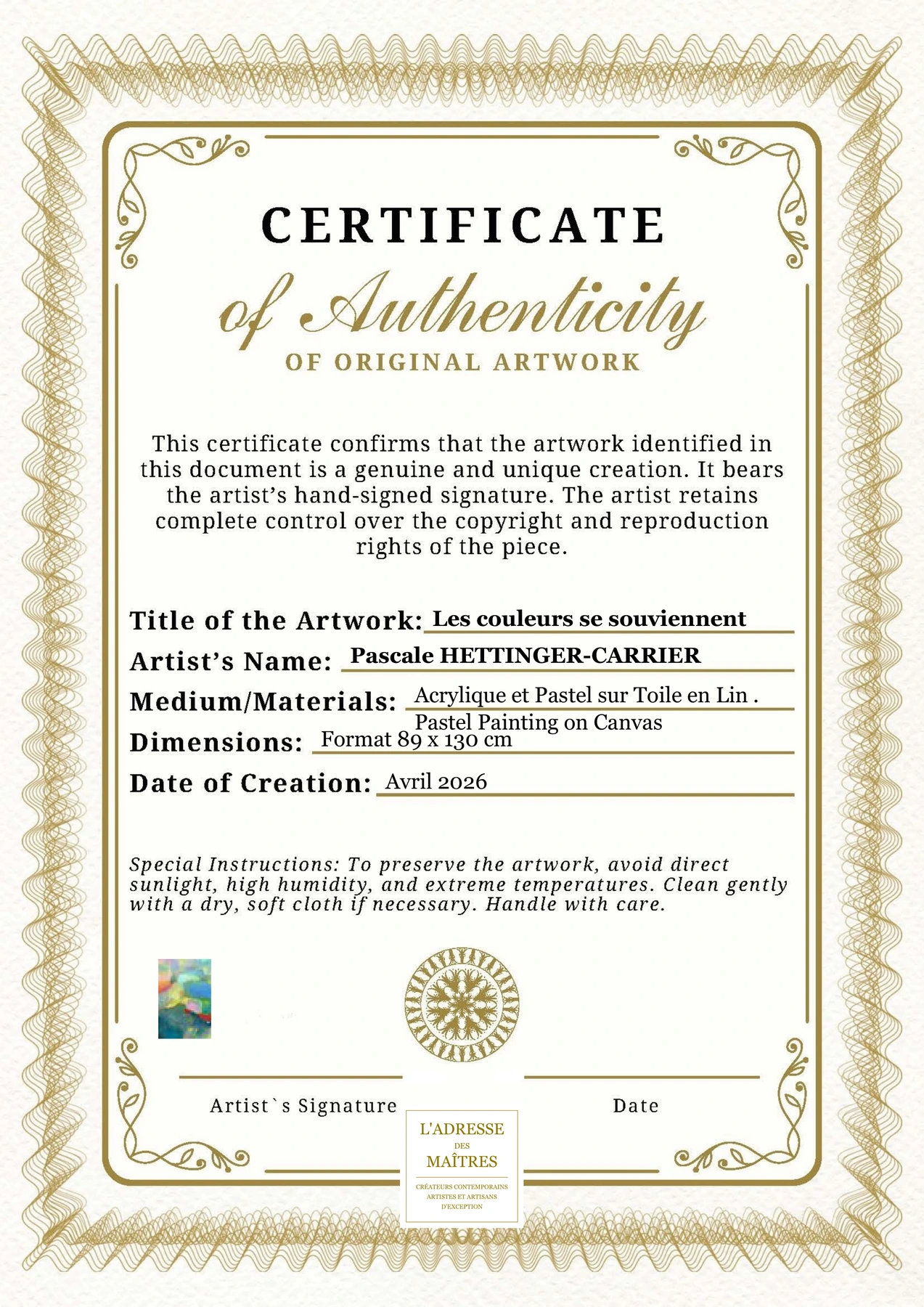 Certificat d'authenticité - Les couleurs se souviennent - Pascale HETTINGER-CARRIER