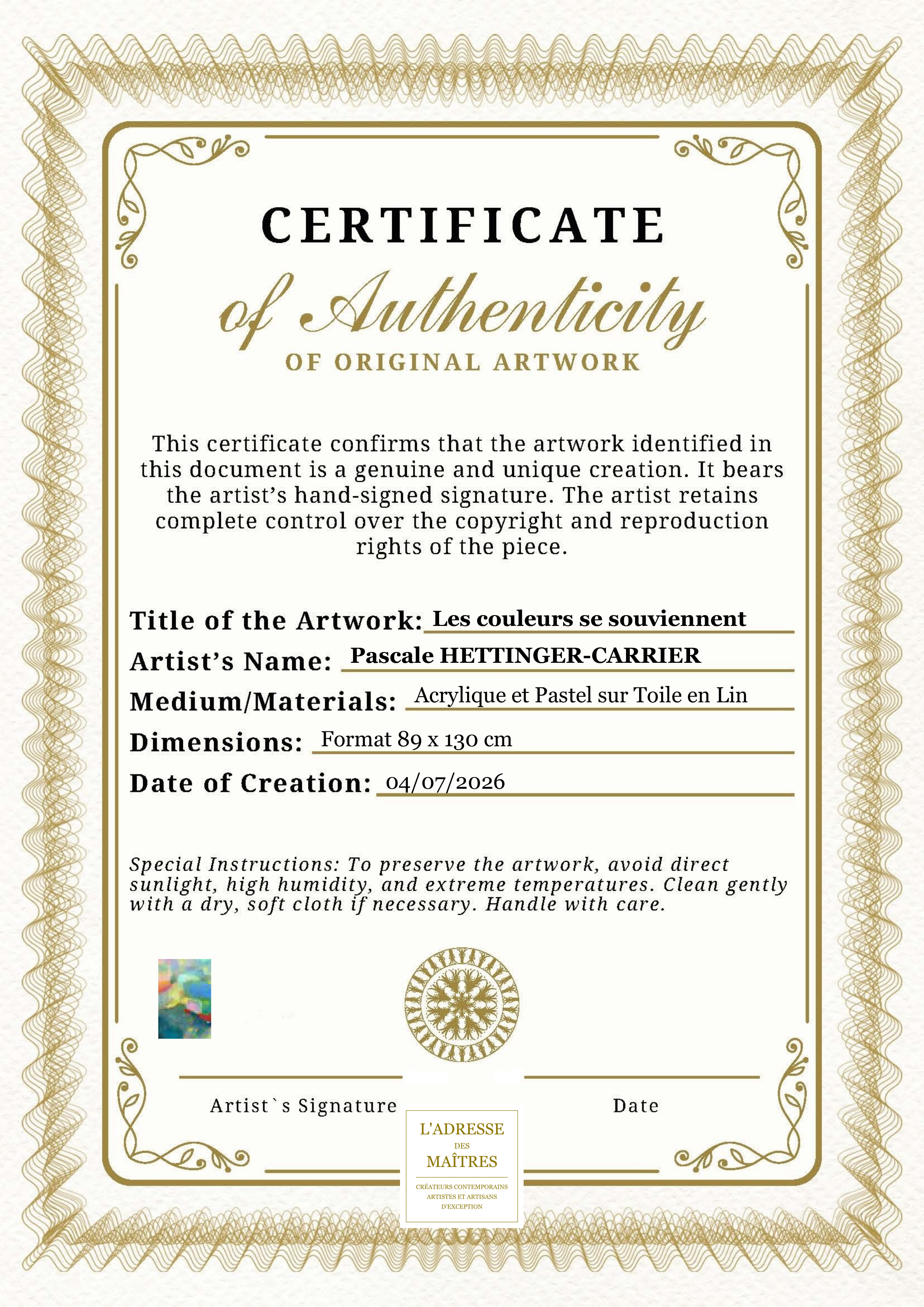 Certificat d'authenticité — Les couleurs se souviennent — Pascale HETTINGER-CARRIER