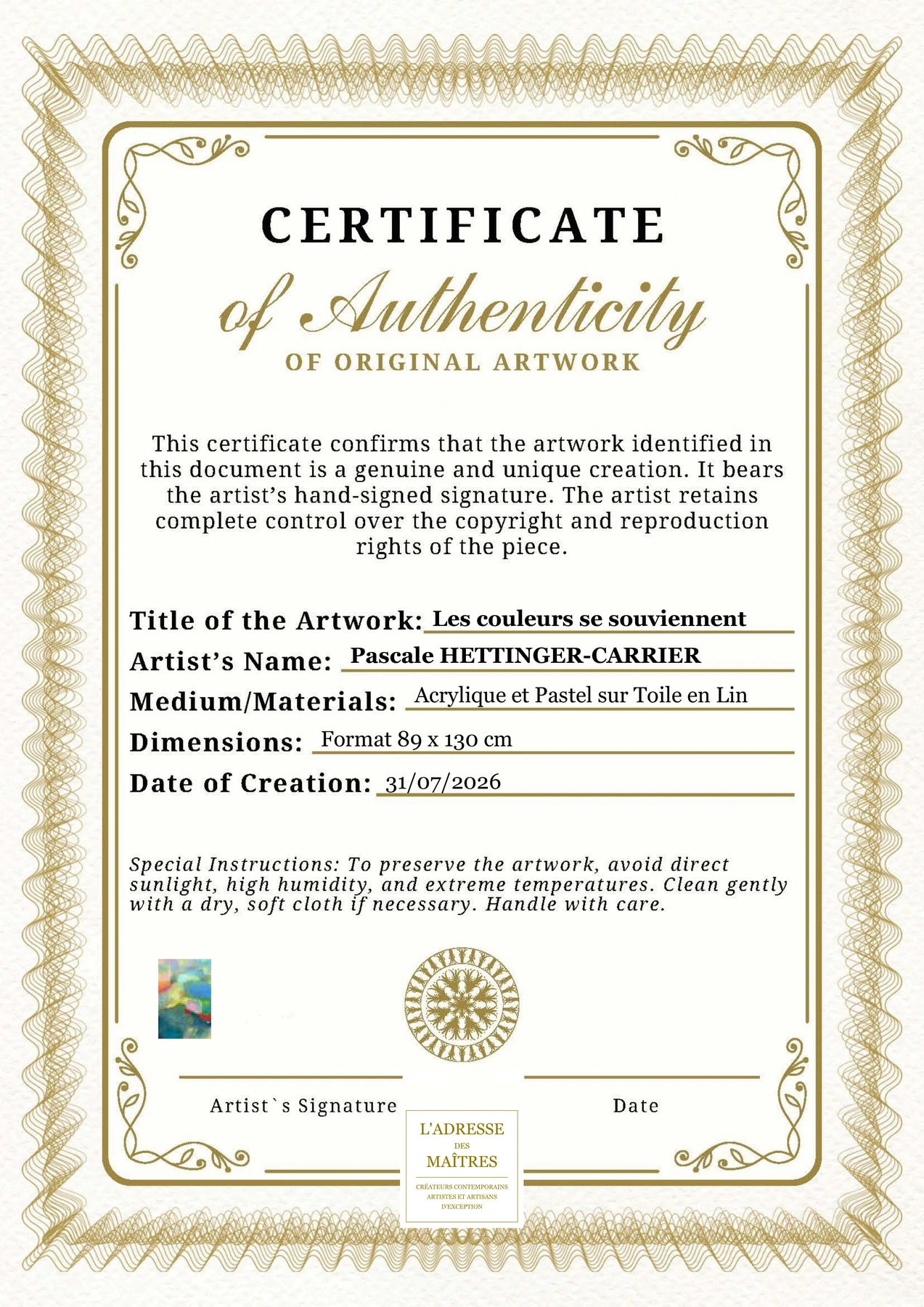Certificat d'authenticité - Les couleurs se souviennent - Pascale HETTINGER-CARRIER