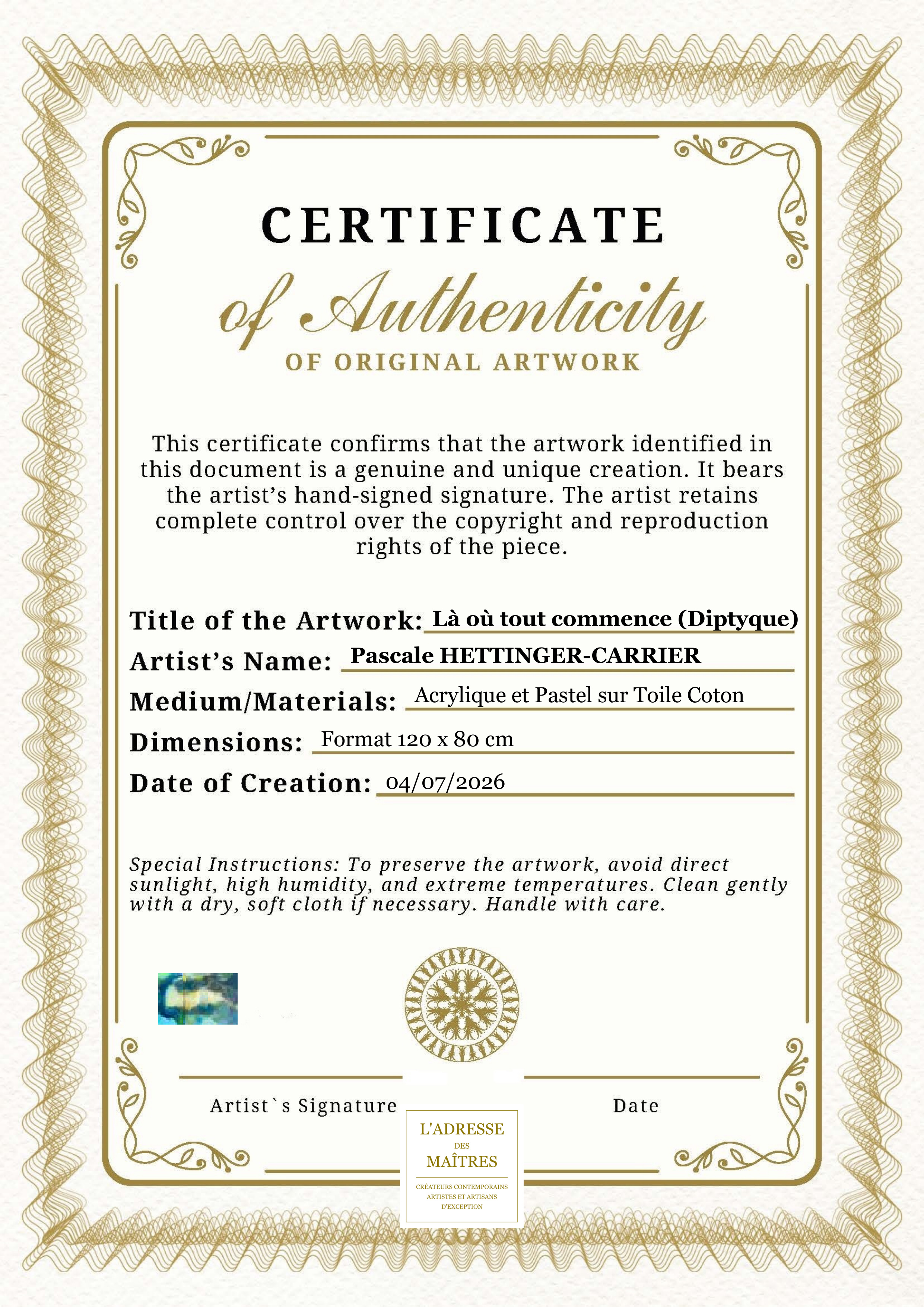 Certificat d'authenticité — Là où tout commence (Diptyque) — Pascale HETTINGER-CARRIER