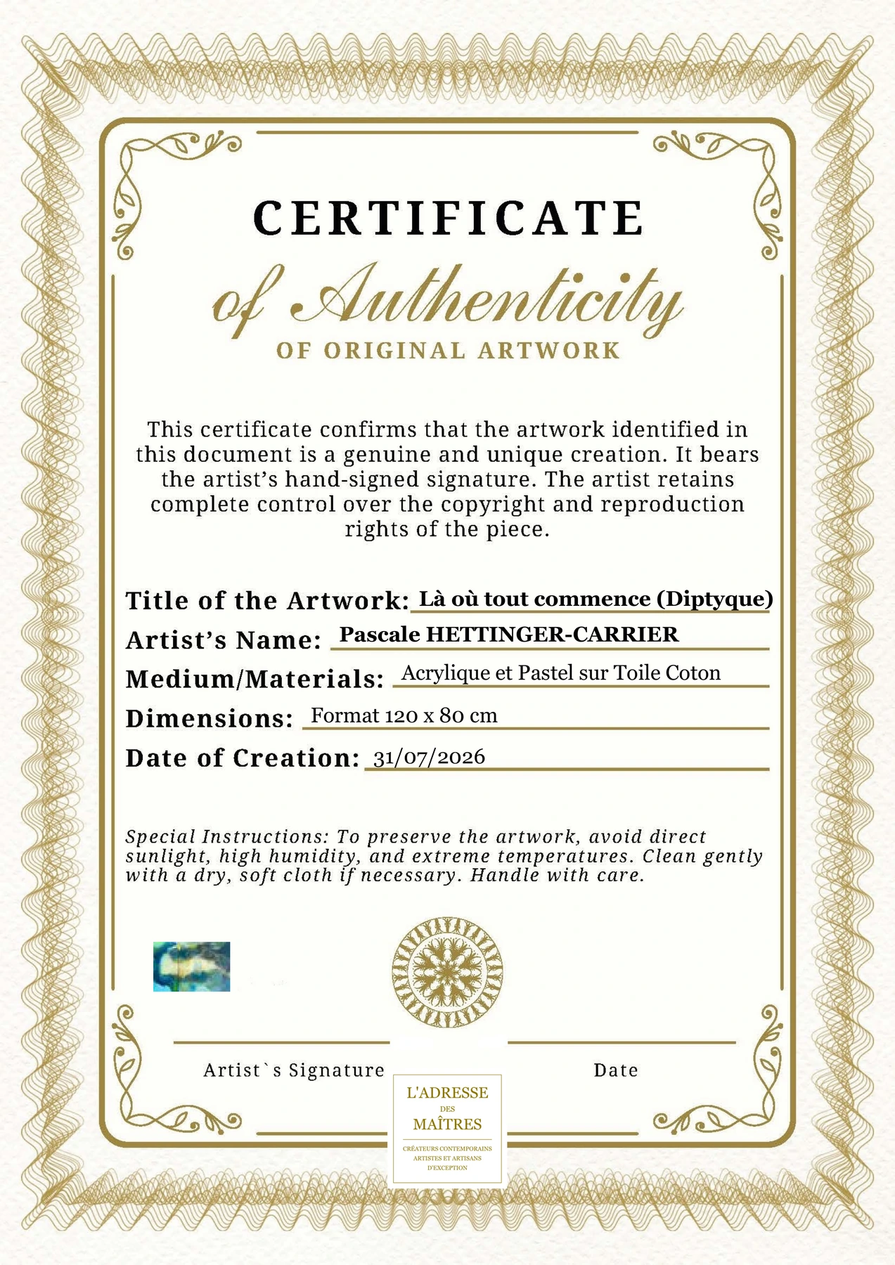 Certificat d'authenticité - Là où tout commence (Diptyque) - Pascale HETTINGER-CARRIER