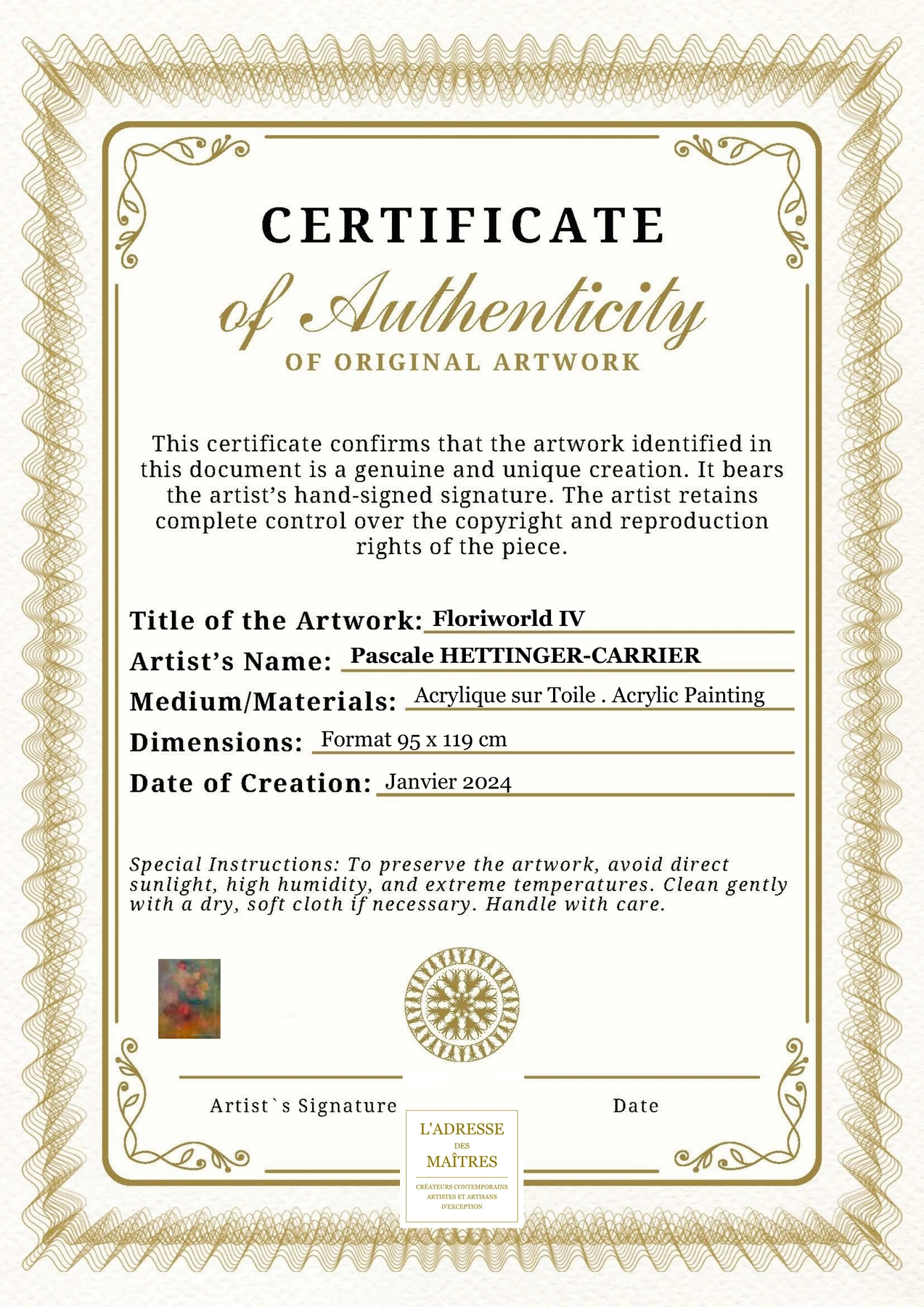 Certificat d'authenticité - Floriworld IV - Pascale HETTINGER-CARRIER