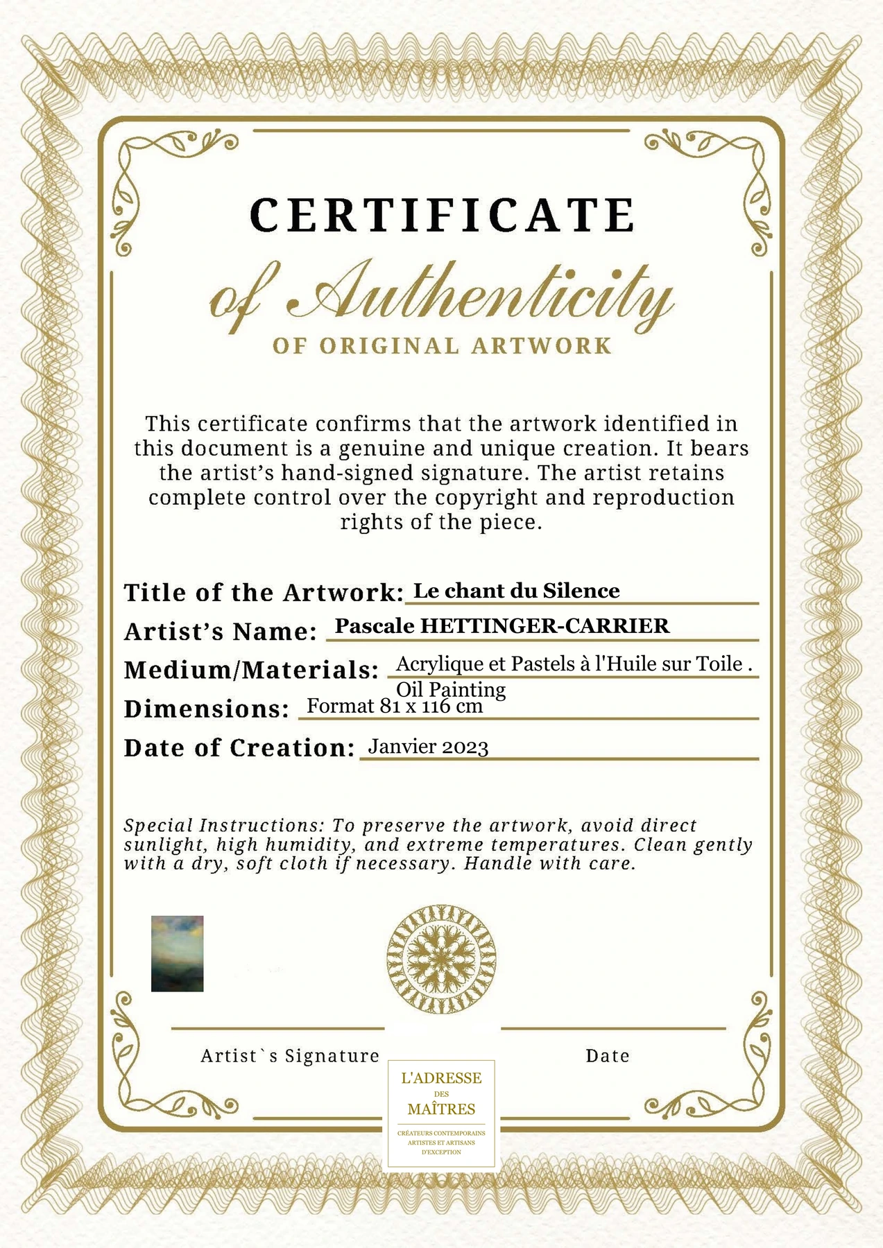 Certificat d'authenticité - Le chant du Silence - Pascale HETTINGER-CARRIER