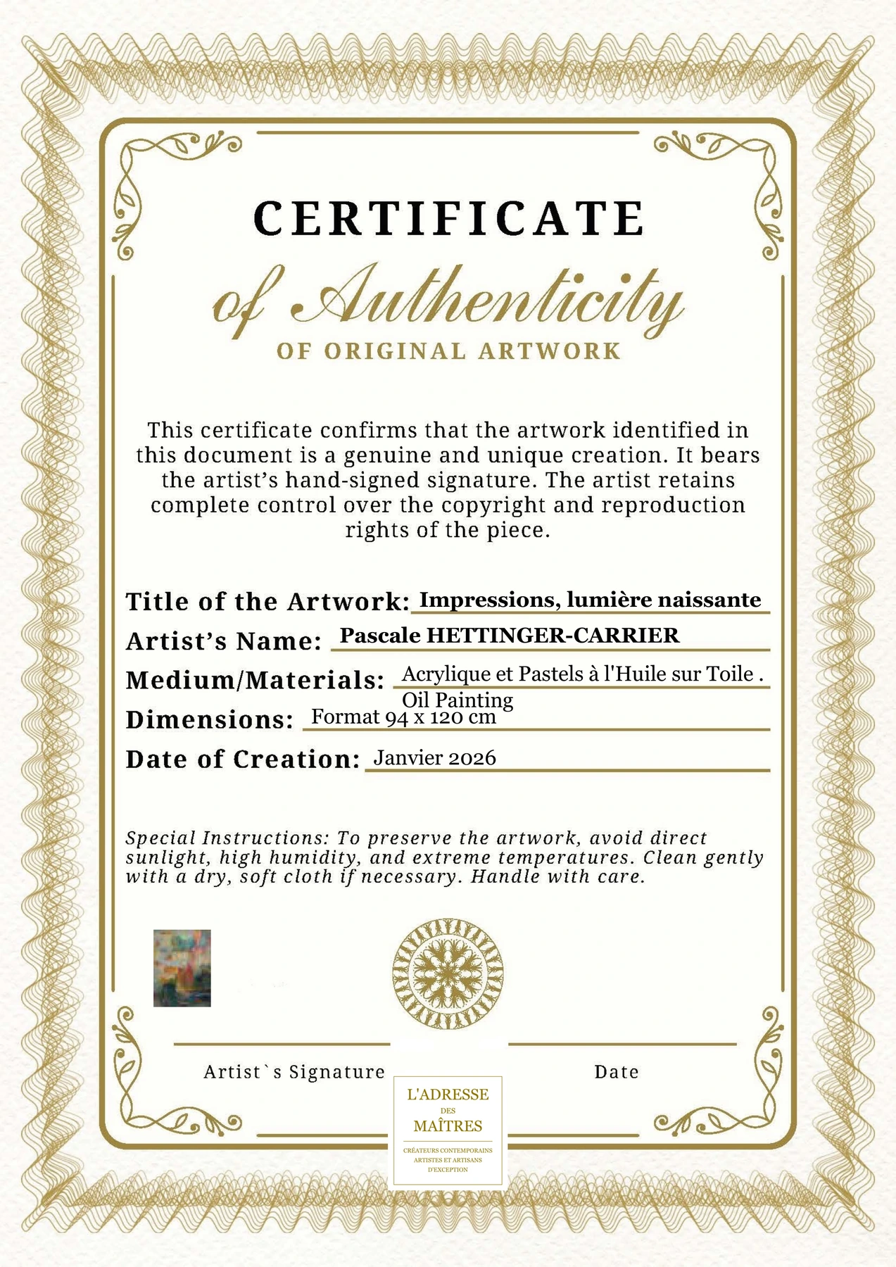 Certificat d'authenticité - Impressions, lumière naissante - Pascale HETTINGER-CARRIER