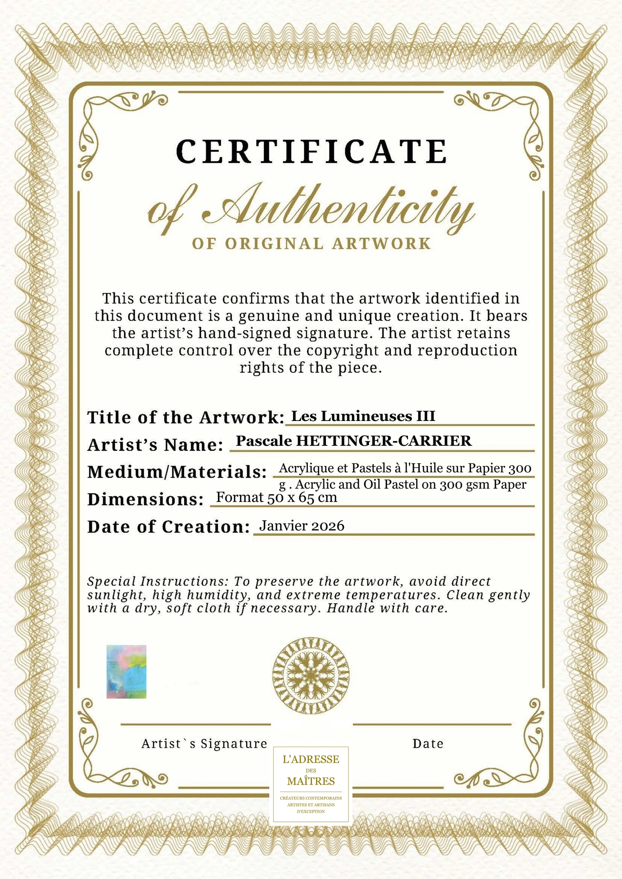 Certificat d'authenticité - Les Lumineuses III - Pascale HETTINGER-CARRIER