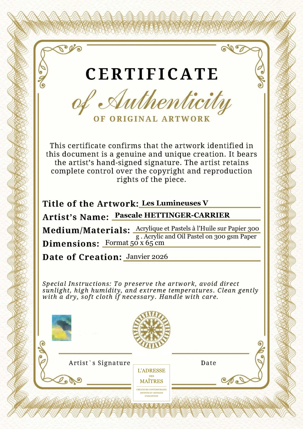 Certificat d'authenticité - Les Lumineuses V - Pascale HETTINGER-CARRIER