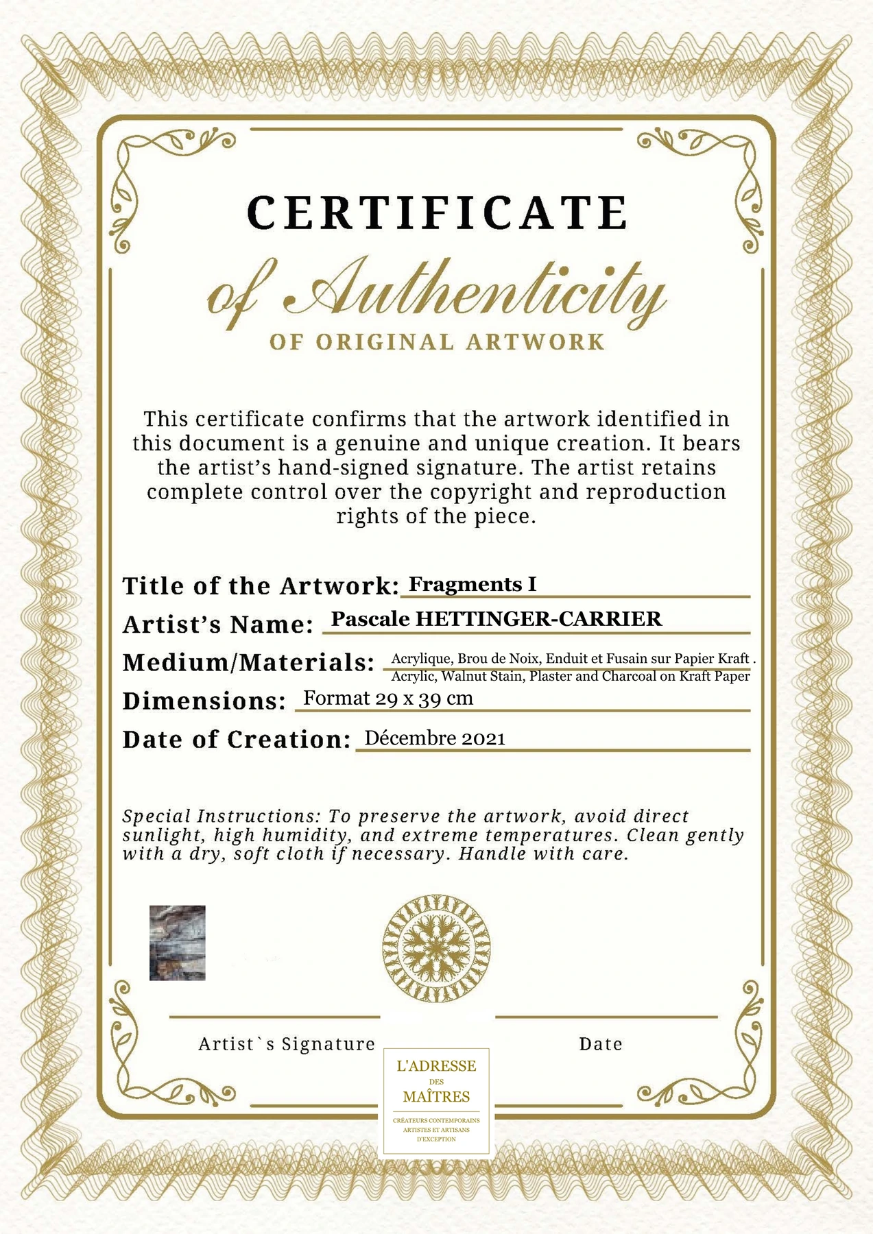 Certificat d'authenticité - Fragments I - Pascale HETTINGER-CARRIER