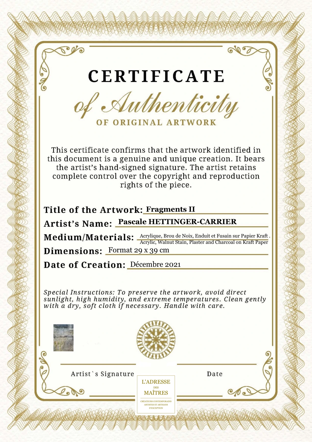 Certificat d'authenticité - Fragments II - Pascale HETTINGER-CARRIER