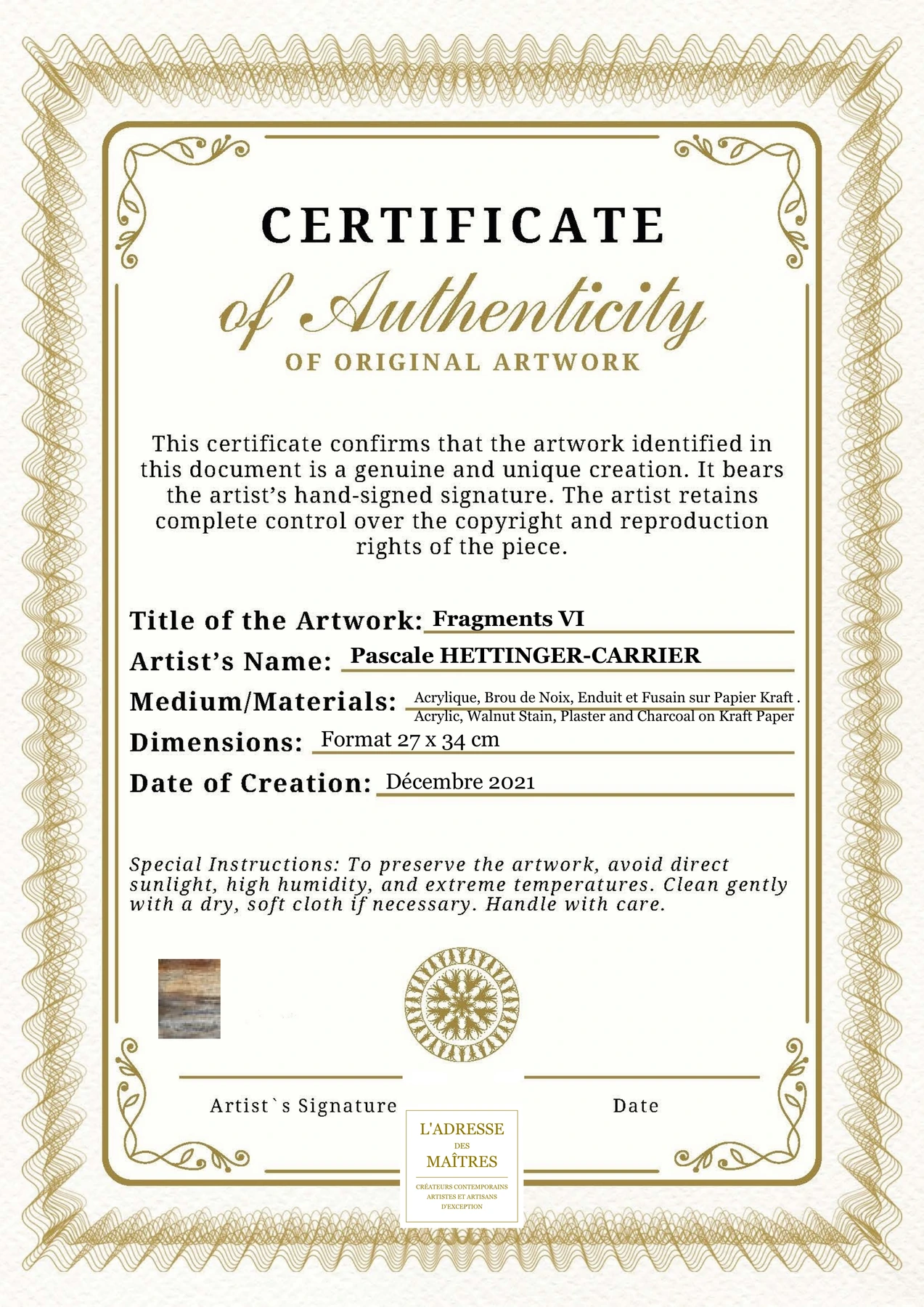 Certificat d'authenticité - Fragments VI - Pascale HETTINGER-CARRIER