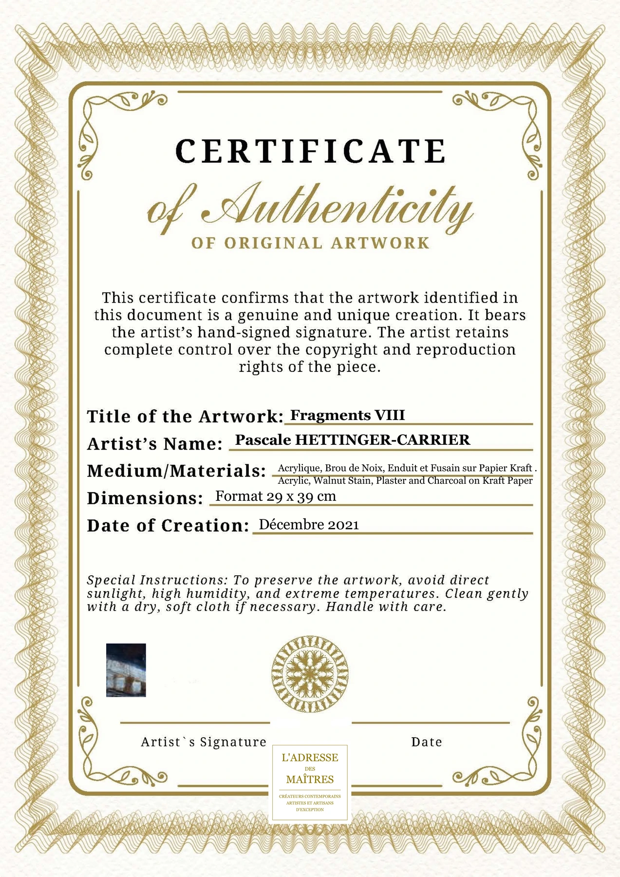 Certificat d'authenticité - Fragments VIII - Pascale HETTINGER-CARRIER