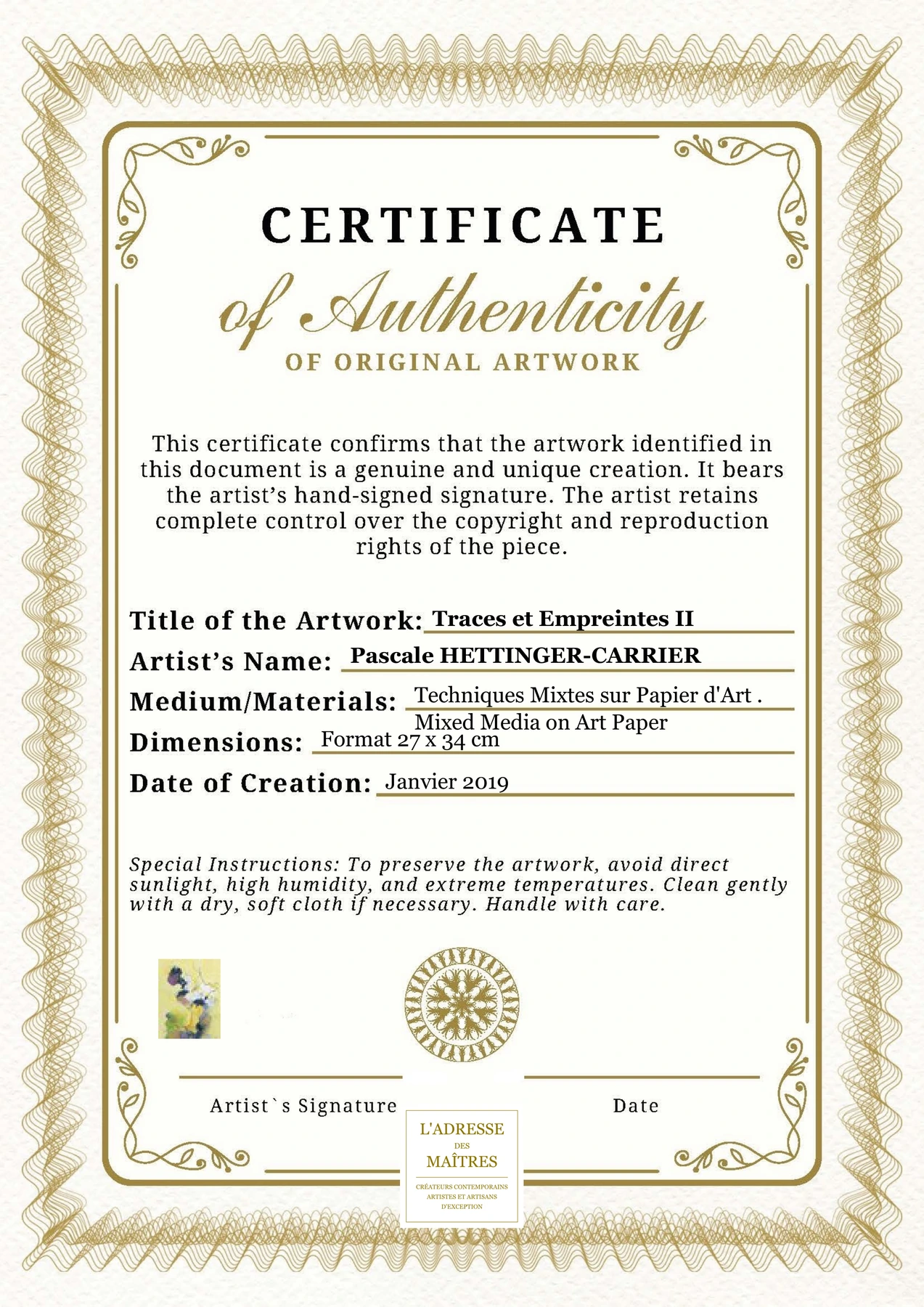 Certificat d'authenticité - Traces et Empreintes II - Pascale HETTINGER-CARRIER