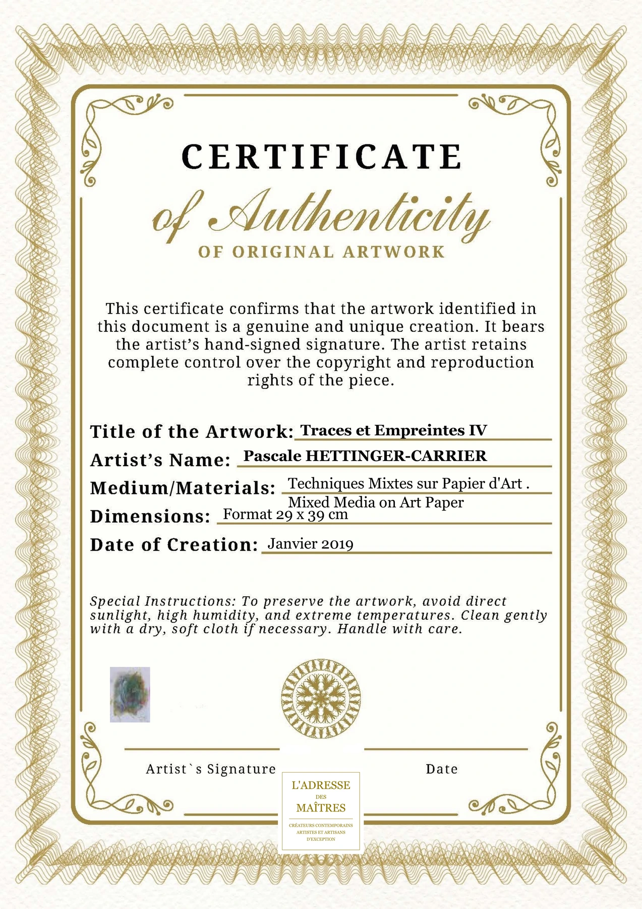 Certificat d'authenticité - Traces et Empreintes IV - Pascale HETTINGER-CARRIER