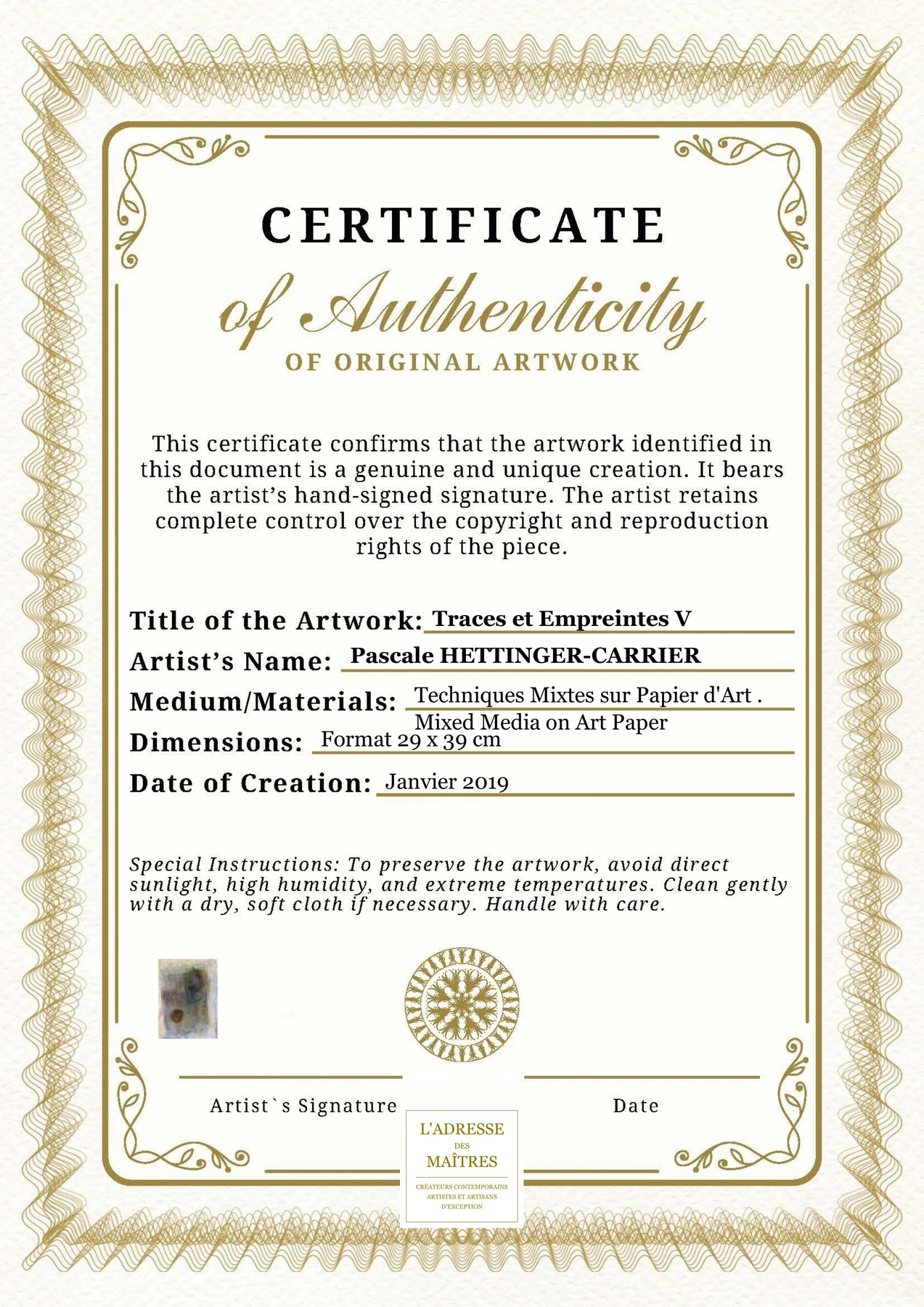 Certificat d'authenticité - Traces et Empreintes V - Pascale HETTINGER-CARRIER