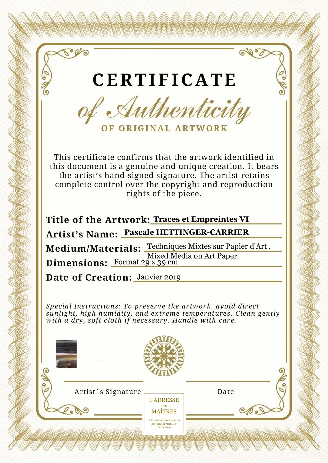 Certificat d'authenticité - Traces et Empreintes VI - Pascale HETTINGER-CARRIER