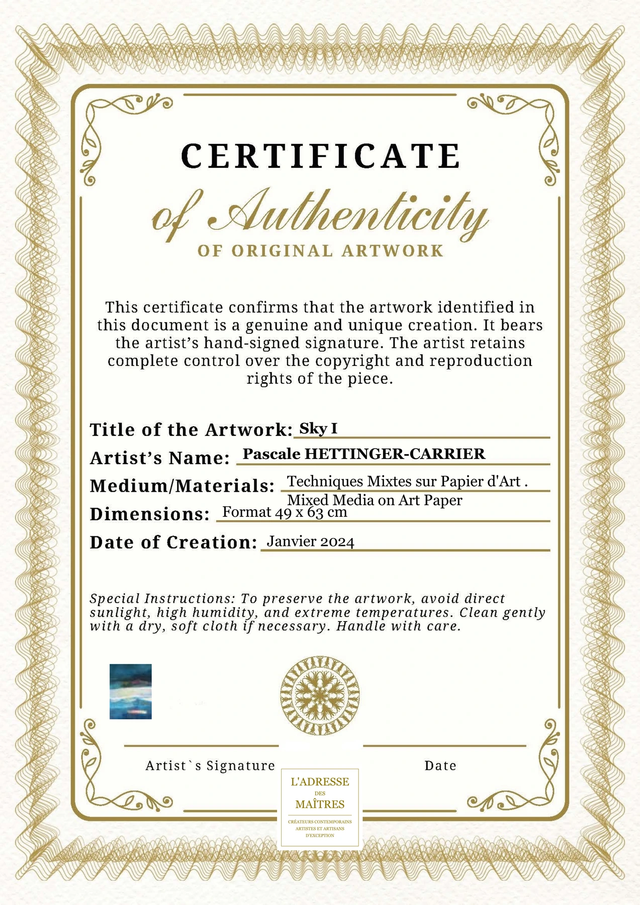 Certificat d'authenticité - Sky I - Pascale HETTINGER-CARRIER