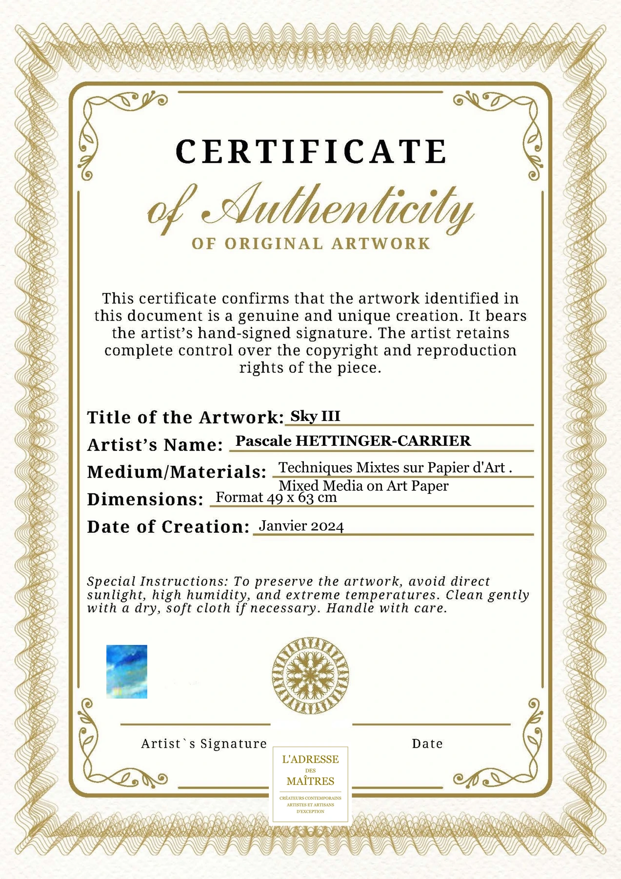 Certificat d'authenticité - Sky III - Pascale HETTINGER-CARRIER