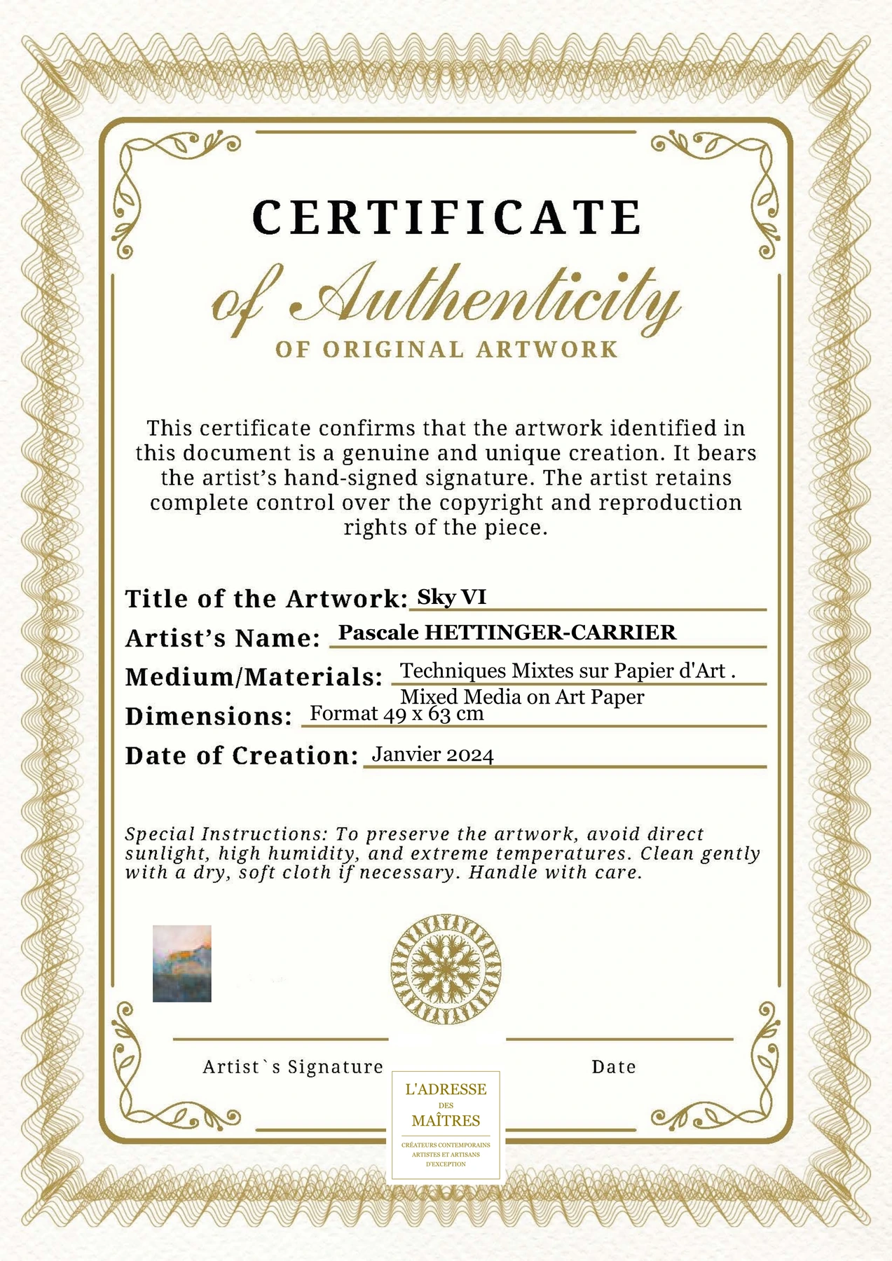 Certificat d'authenticité - Sky VI - Pascale HETTINGER-CARRIER
