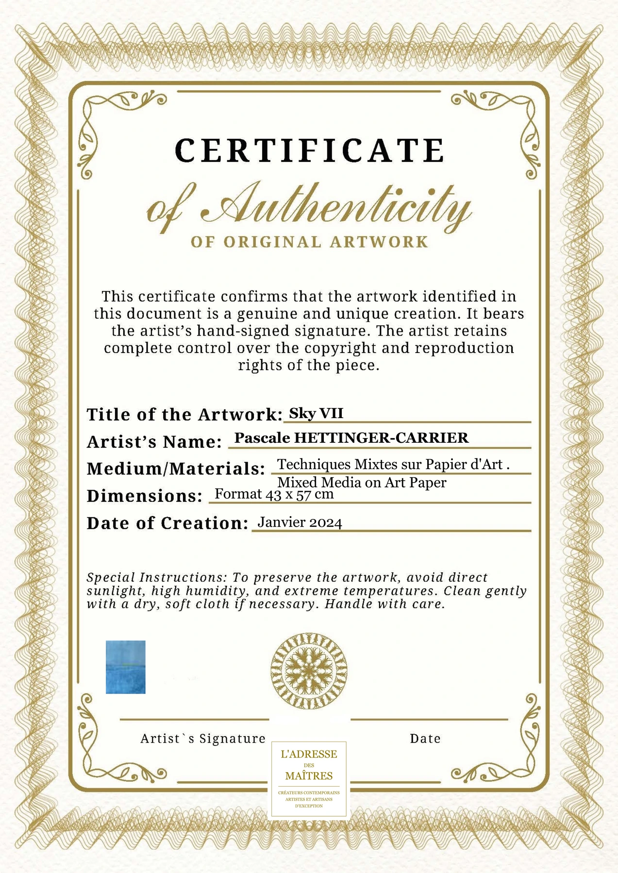 Certificat d'authenticité - Sky VII - Pascale HETTINGER-CARRIER