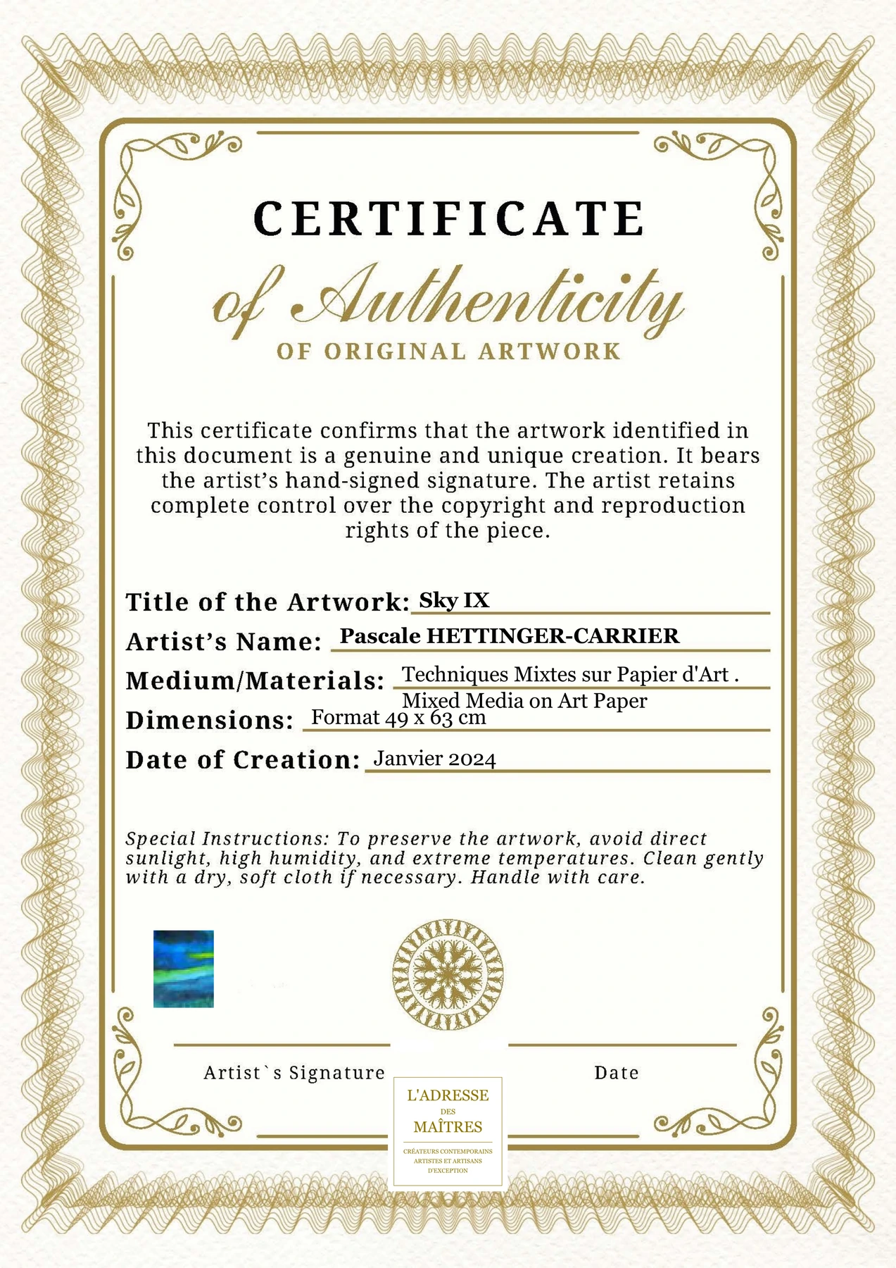 Certificat d'authenticité - Sky IX - Pascale HETTINGER-CARRIER
