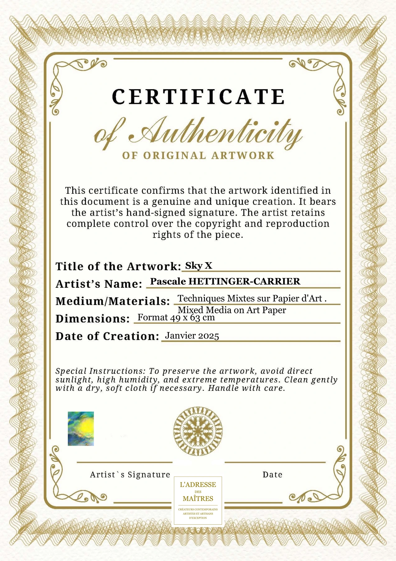 Certificat d'authenticité - Sky X - Pascale HETTINGER-CARRIER