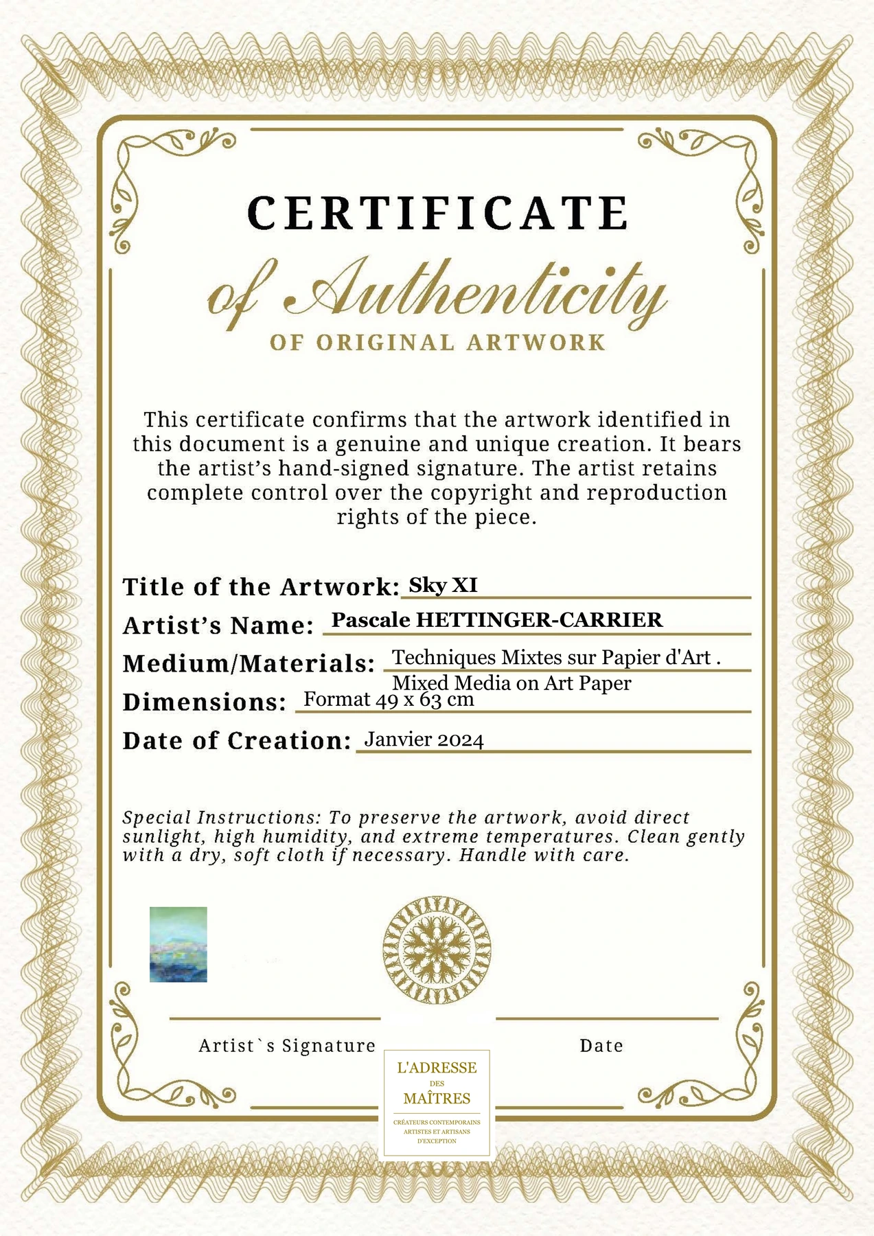 Certificat d'authenticité - Sky XI - Pascale HETTINGER-CARRIER