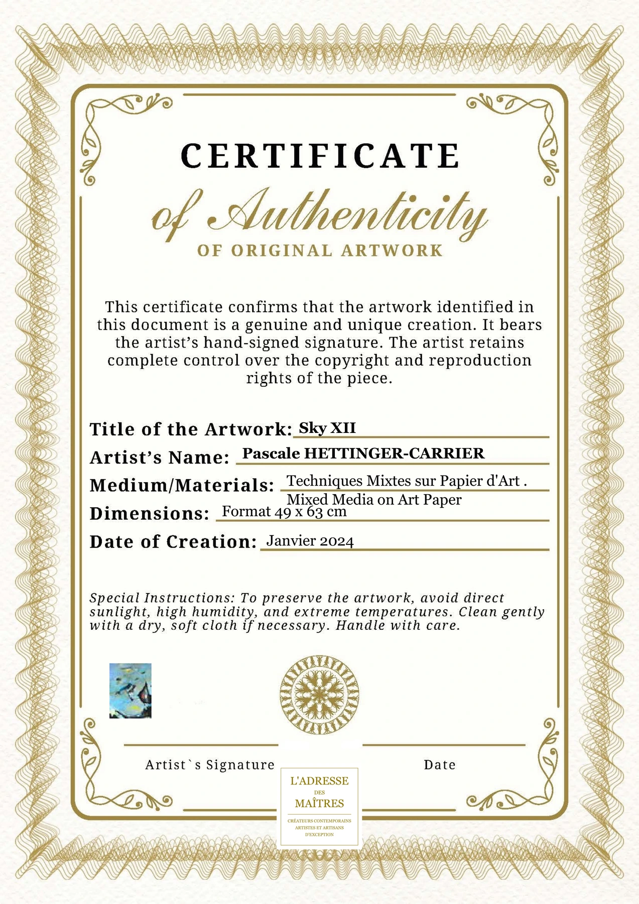 Certificat d'authenticité - Sky XII - Pascale HETTINGER-CARRIER