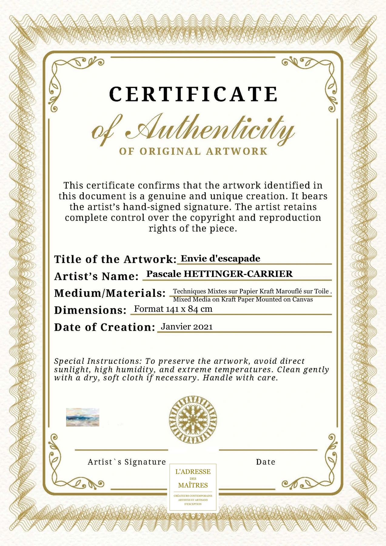 Certificat d'authenticité - Envie d'escapade - Pascale HETTINGER-CARRIER