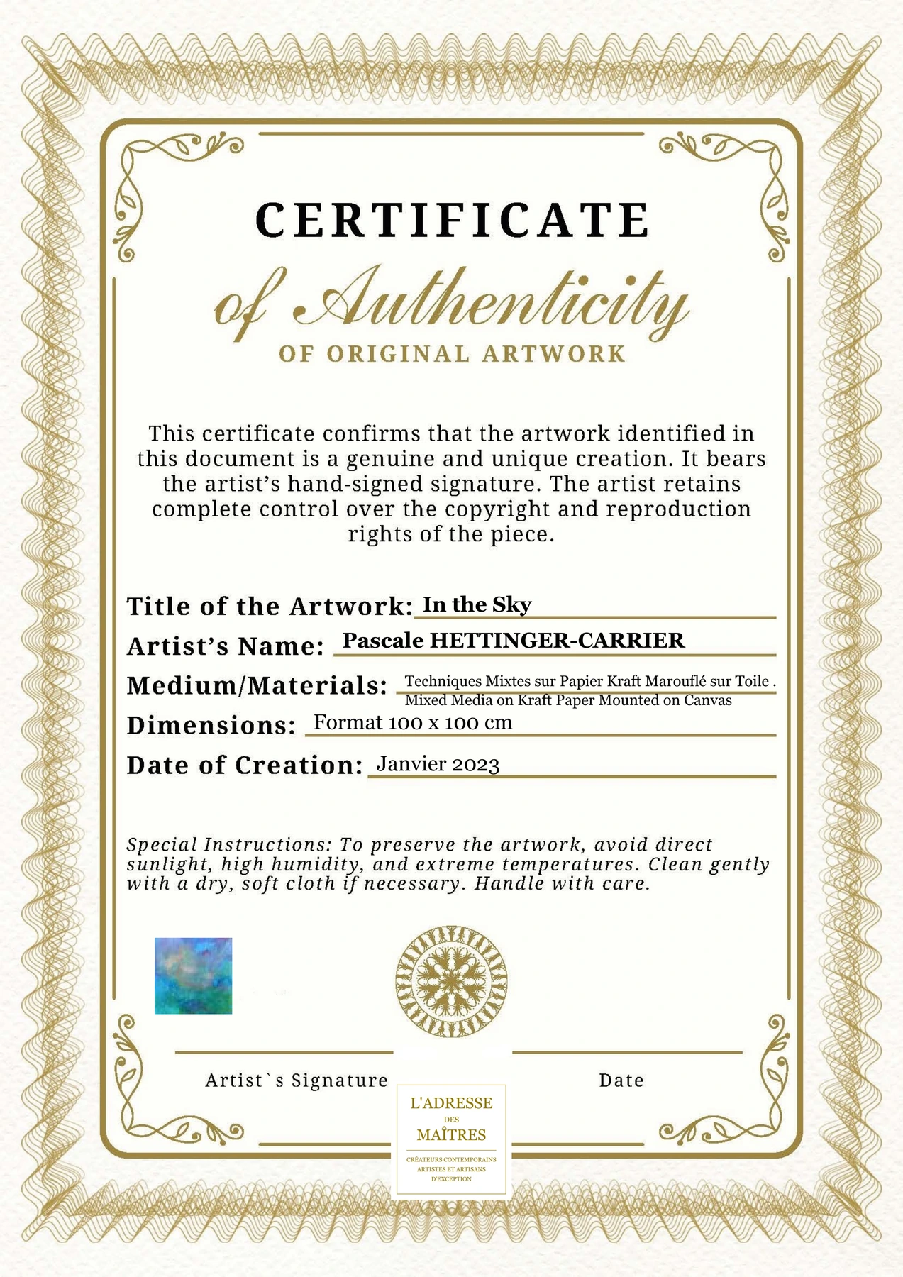 Certificat d'authenticité - In the Sky - Pascale HETTINGER-CARRIER
