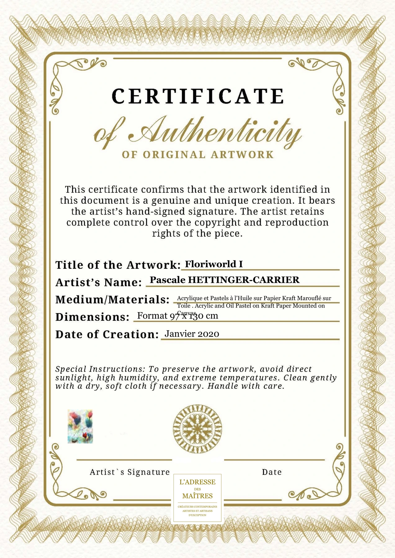 Certificat d'authenticité - Floriworld I - Pascale HETTINGER-CARRIER