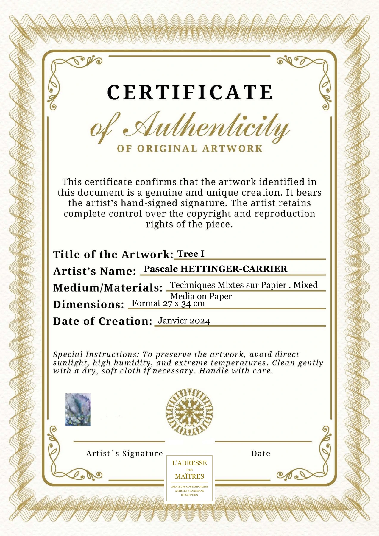Certificat d'authenticité - Tree I - Pascale HETTINGER-CARRIER