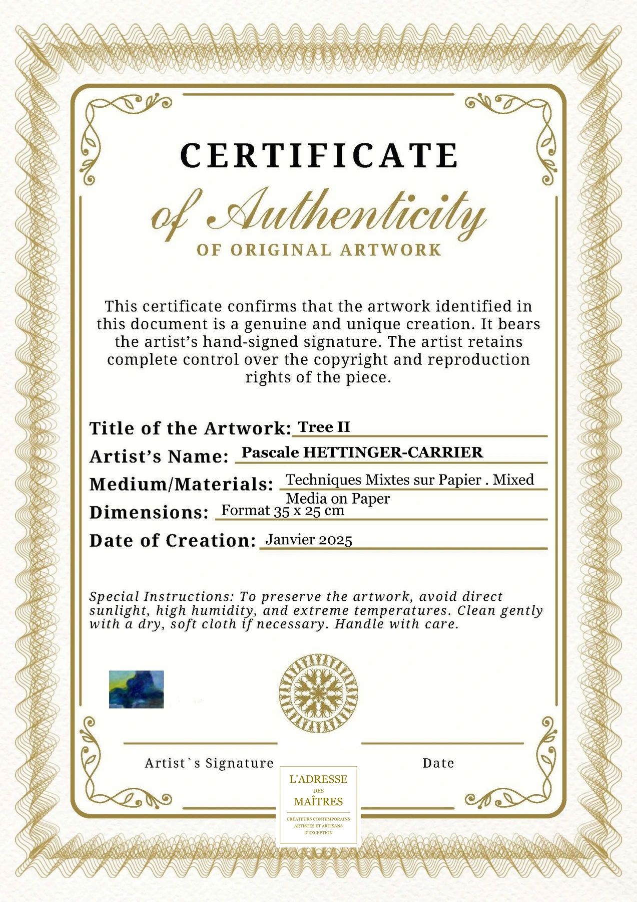 Certificat d'authenticité - Tree II - Pascale HETTINGER-CARRIER