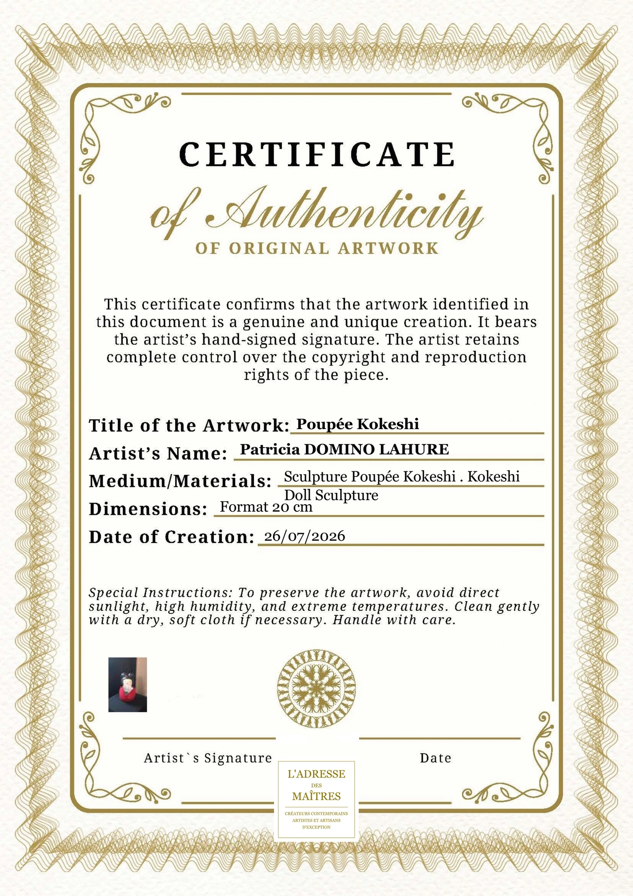 Certificat d'authenticité — Poupée Kokeshi — Patricia DOMINO LAHURE
