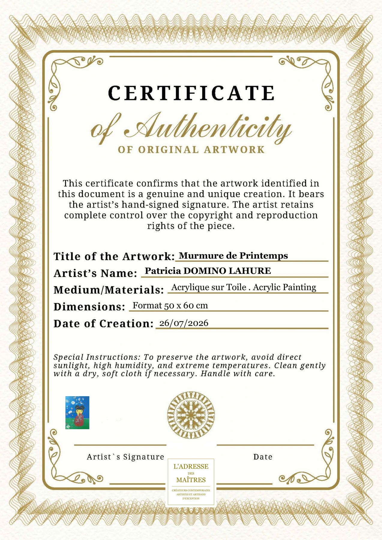 Certificat d'authenticité — Murmure de Printemps — Patricia DOMINO LAHURE