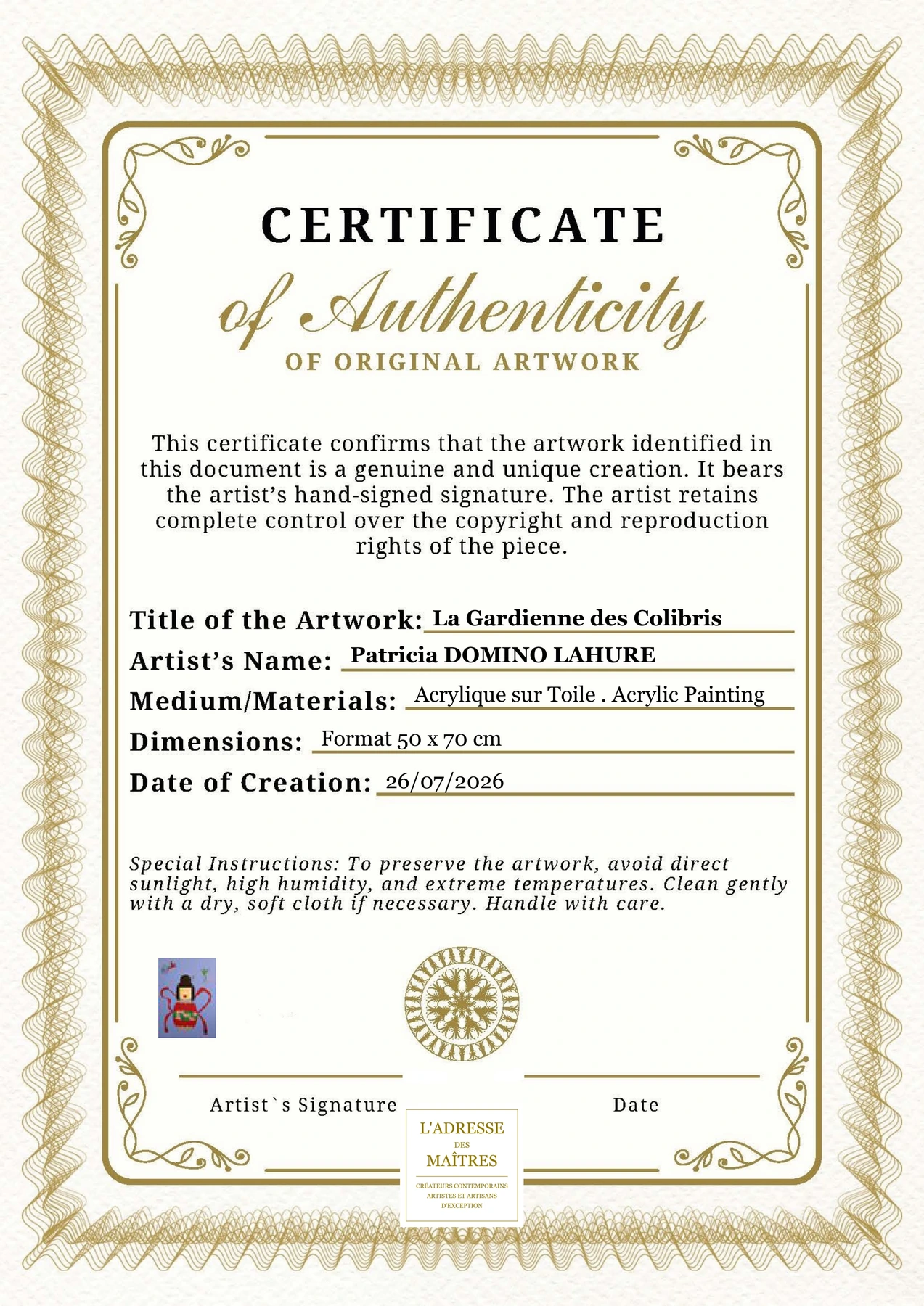 Certificat d'authenticité — La Gardienne des Colibris — Patricia DOMINO LAHURE