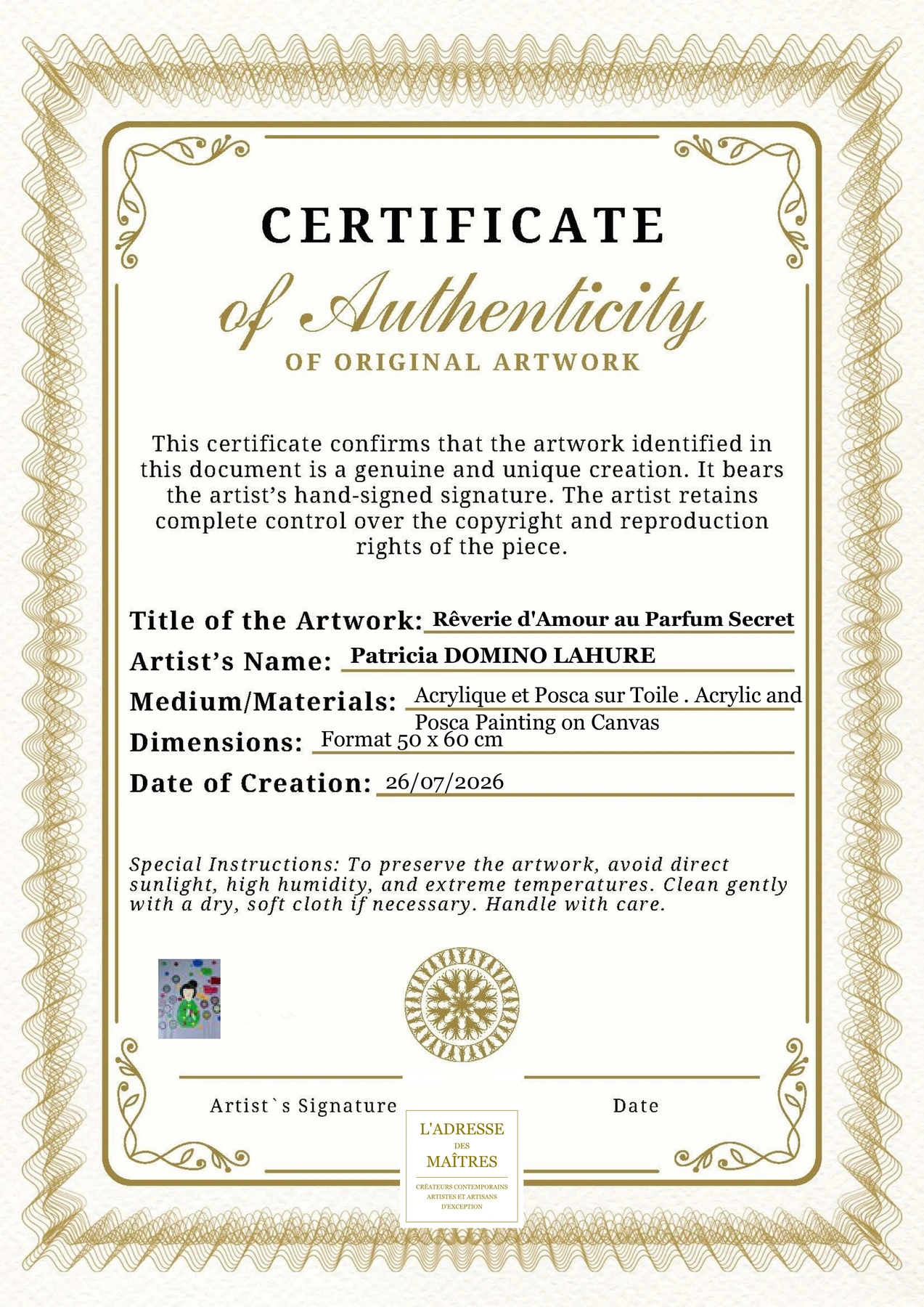 Certificat d'authenticité — Rêverie d'Amour au Parfum Secret — Patricia DOMINO LAHURE