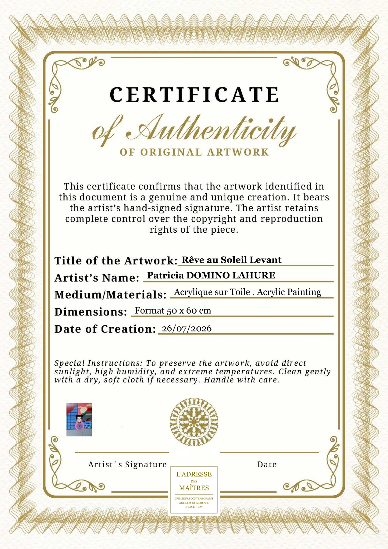 Certificat d'authenticité — Rêve au Soleil Levant — Patricia DOMINO LAHURE