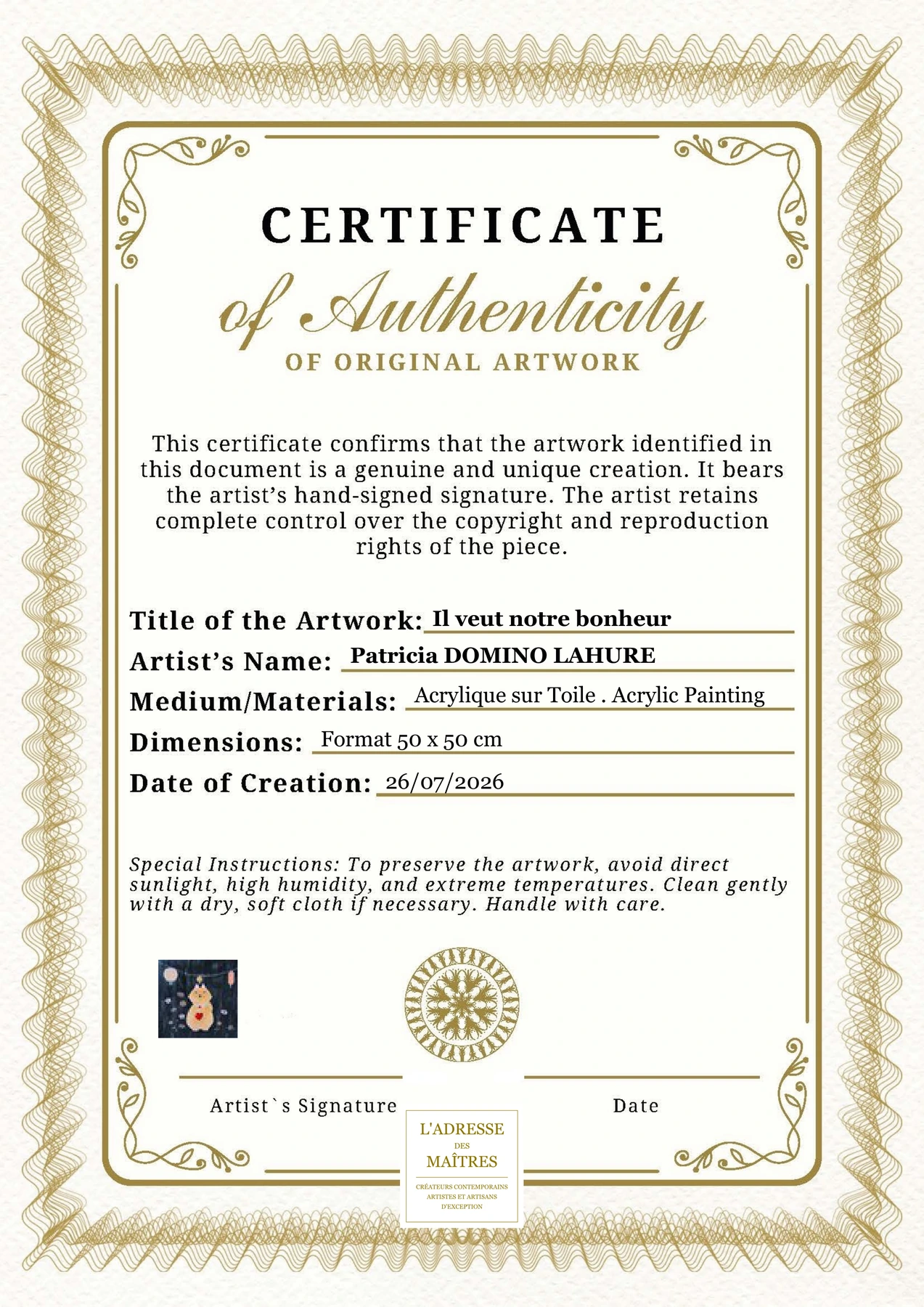 Certificat d'authenticité — Il veut notre bonheur — Patricia DOMINO LAHURE