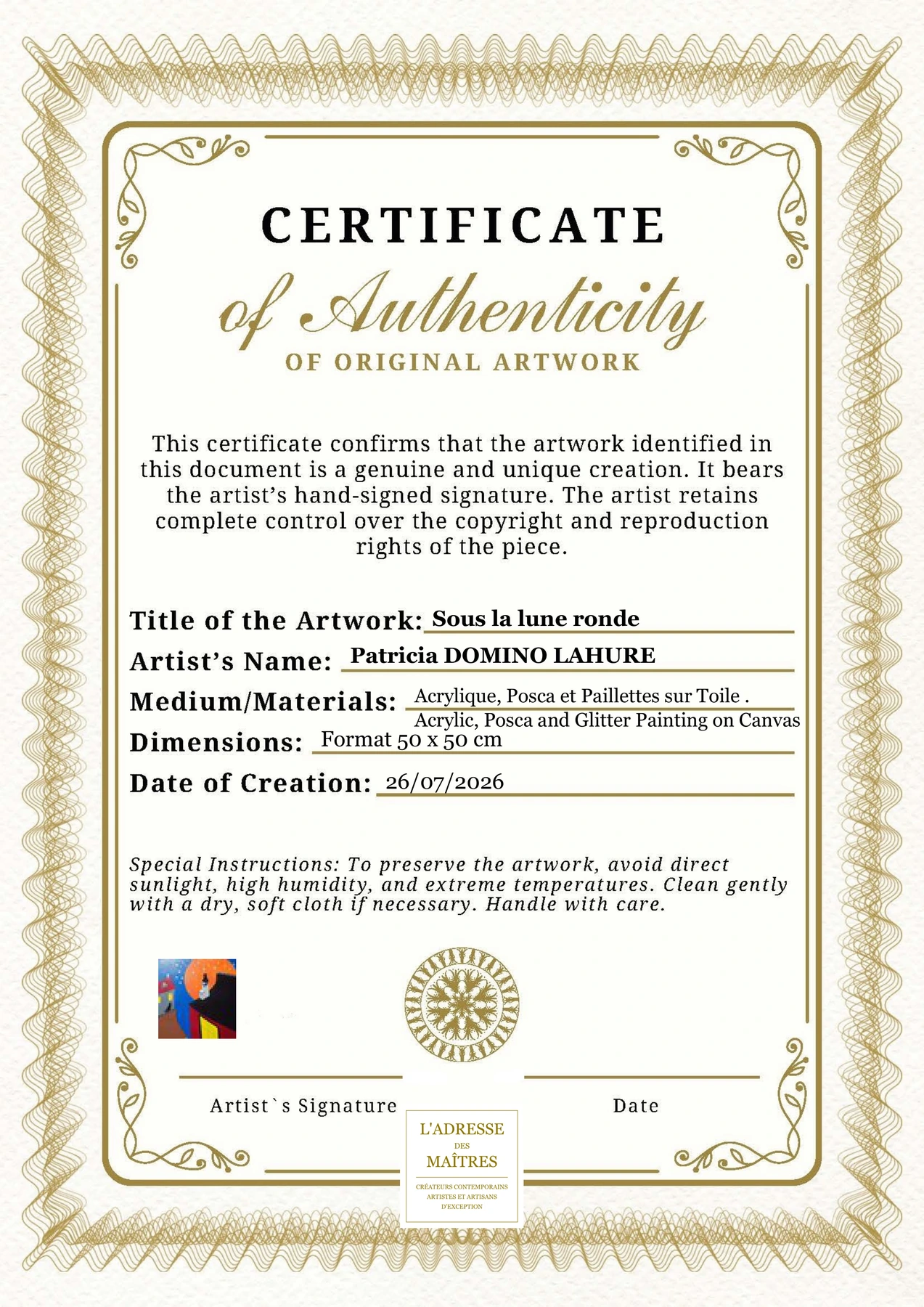 Certificat d'authenticité — Sous la lune ronde — Patricia DOMINO LAHURE