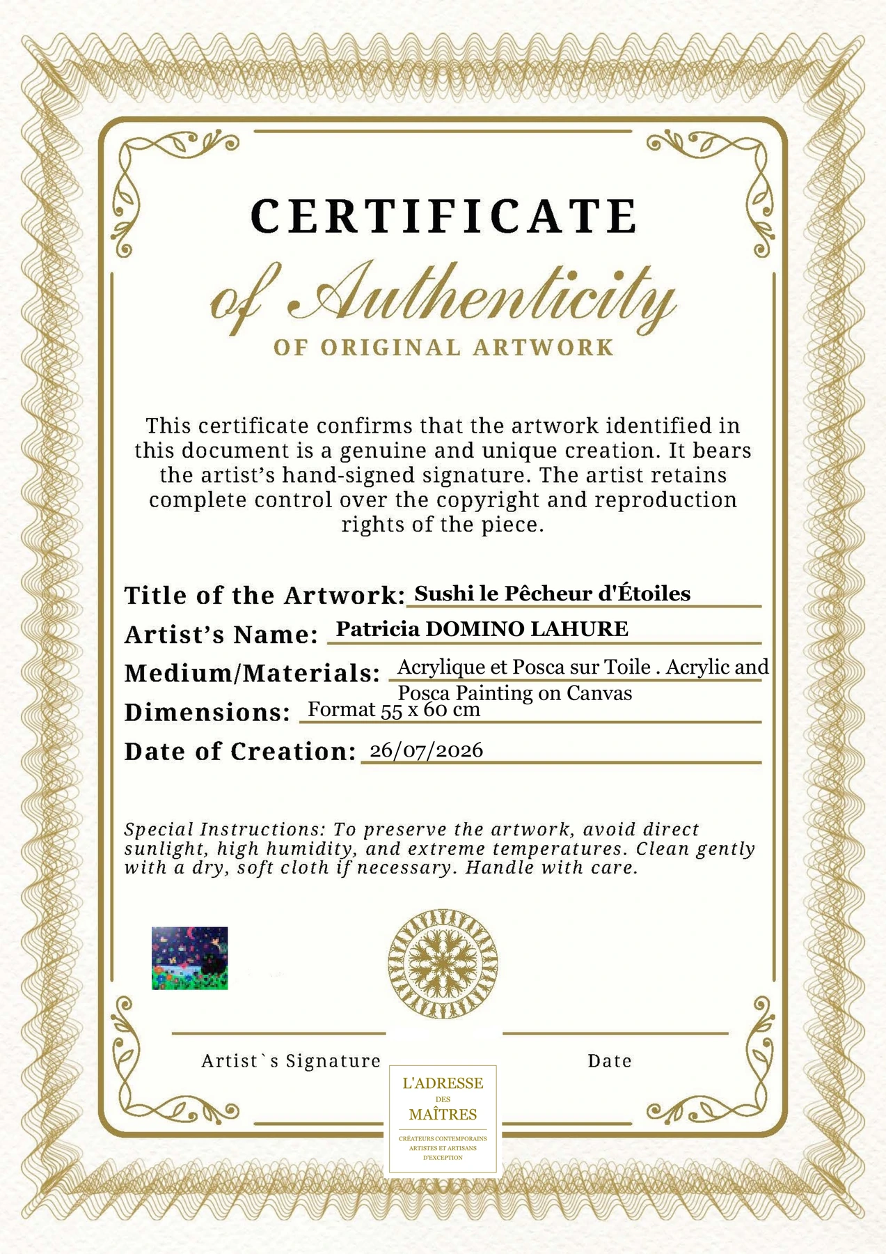 Certificat d'authenticité — Sushi le Pêcheur d'Étoiles — Patricia DOMINO LAHURE