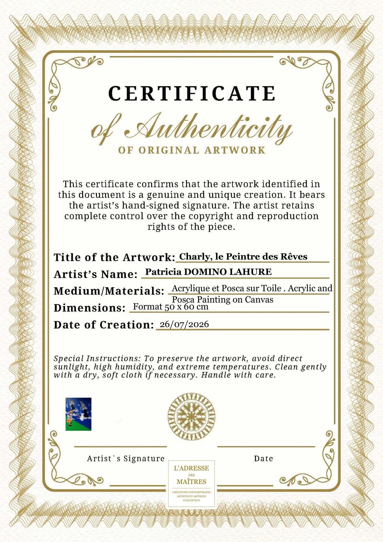 Certificat d'authenticité — Charly, le Peintre des Rêves — Patricia DOMINO LAHURE