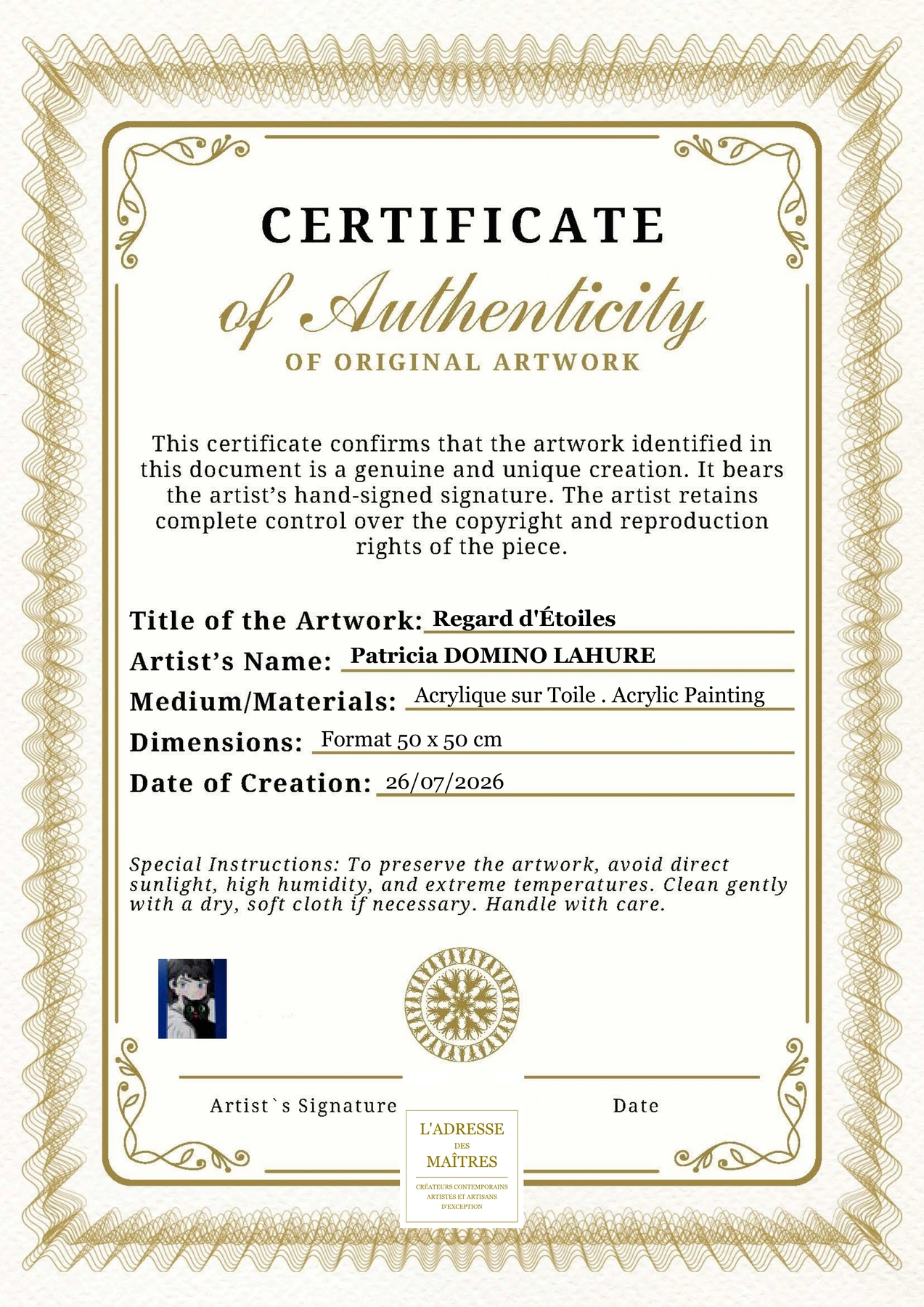 Certificat d'authenticité — Regard d'Étoiles — Patricia DOMINO LAHURE