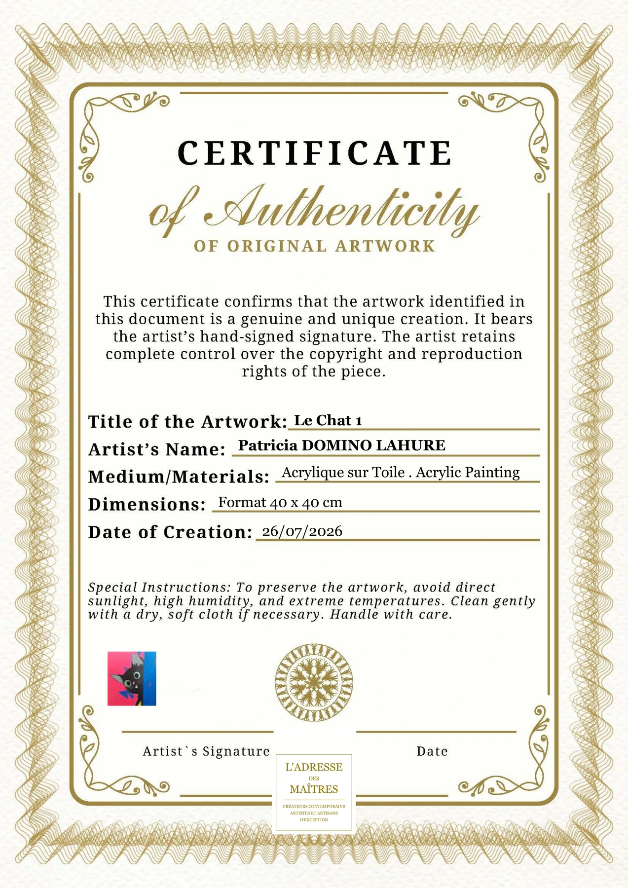 Certificat d'authenticité — Le Chat 1 — Patricia DOMINO LAHURE