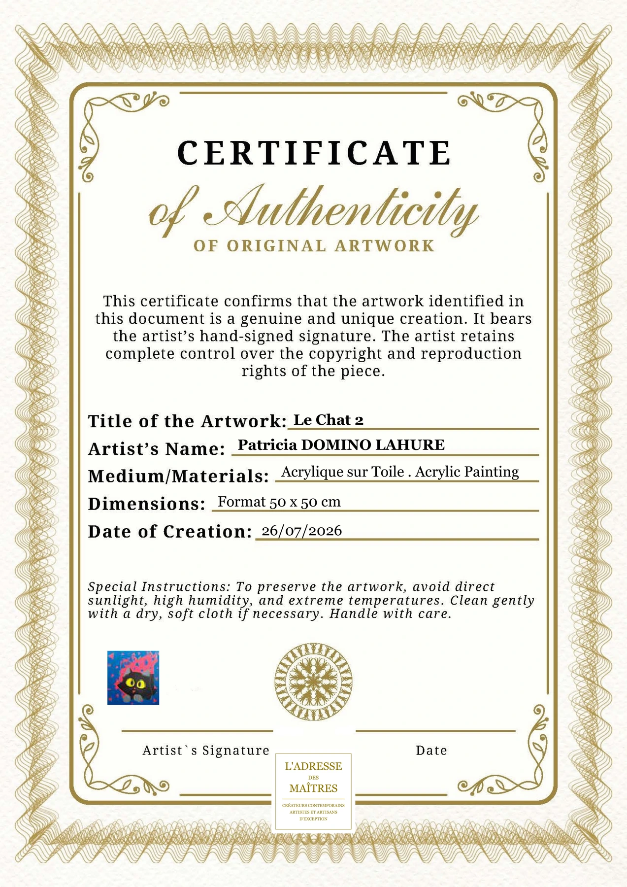 Certificat d'authenticité — Le Chat 2 — Patricia DOMINO LAHURE
